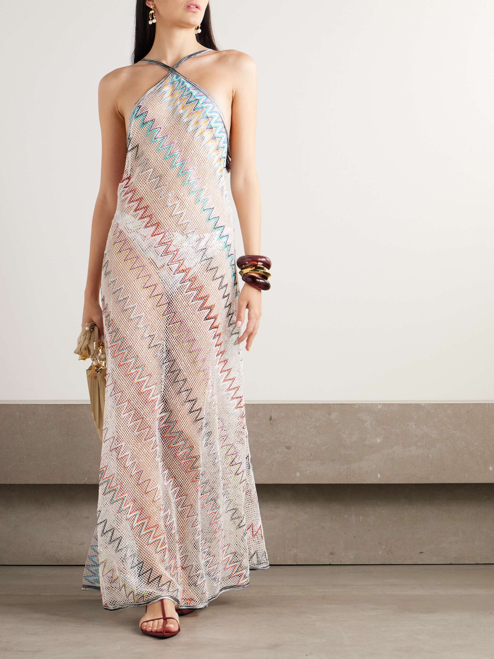 Mare striped metallic crochet-knit halterneck dress view