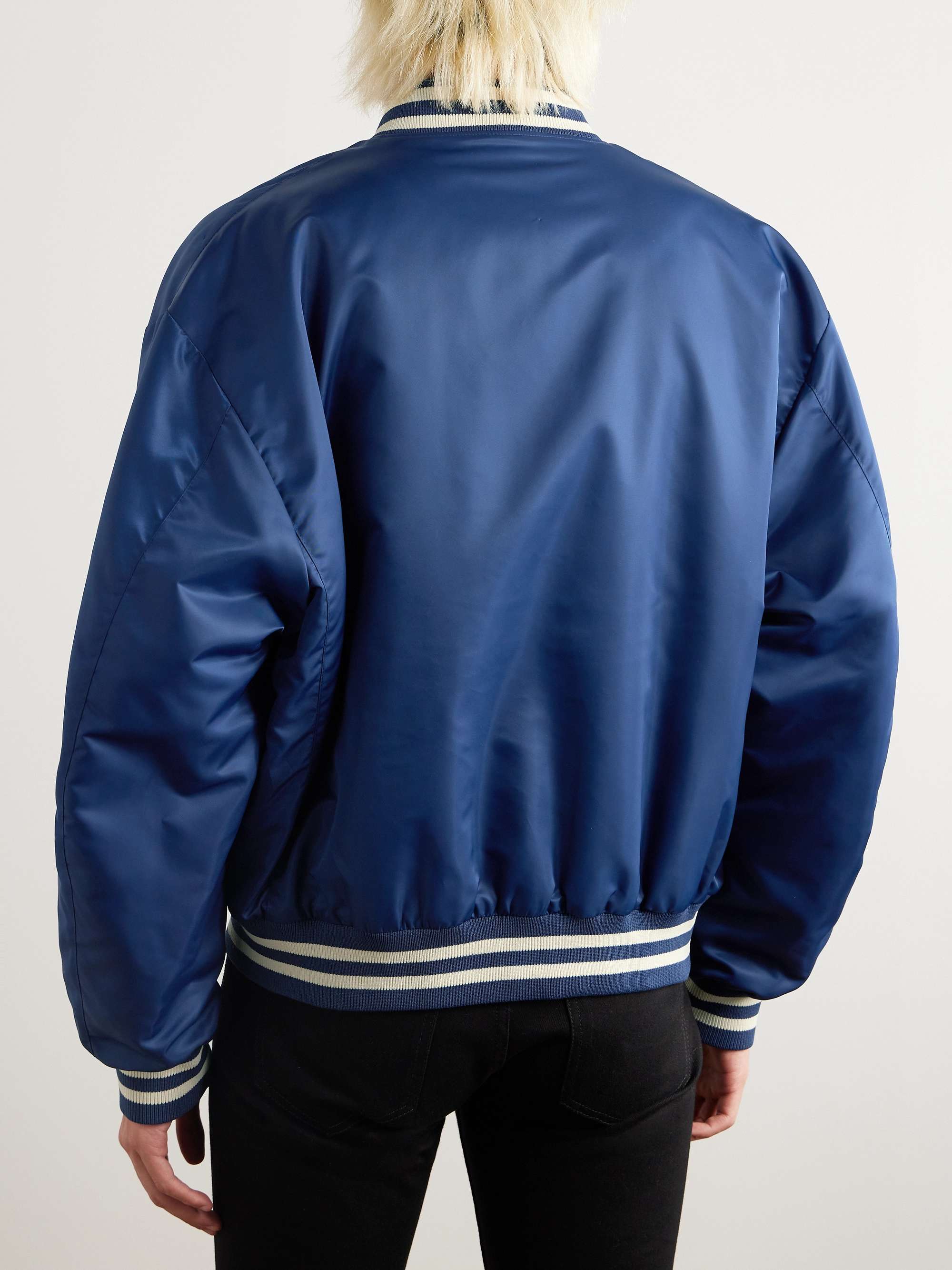 Logo-Appliquéd Striped Satin Bomber Jacket view