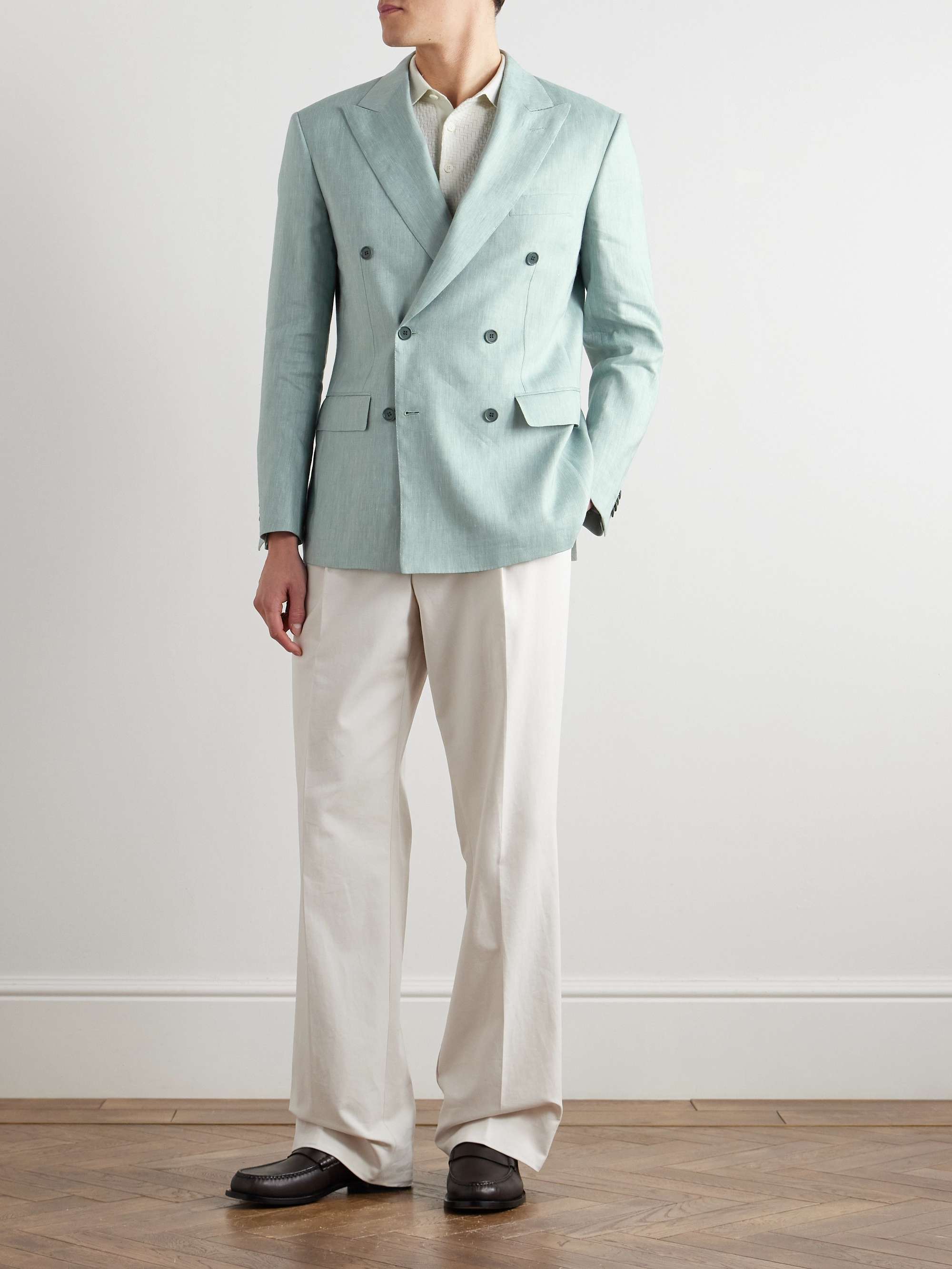 Double-Breasted Herringbone Linen, Wool and Silk-Blend Suit Jacket view