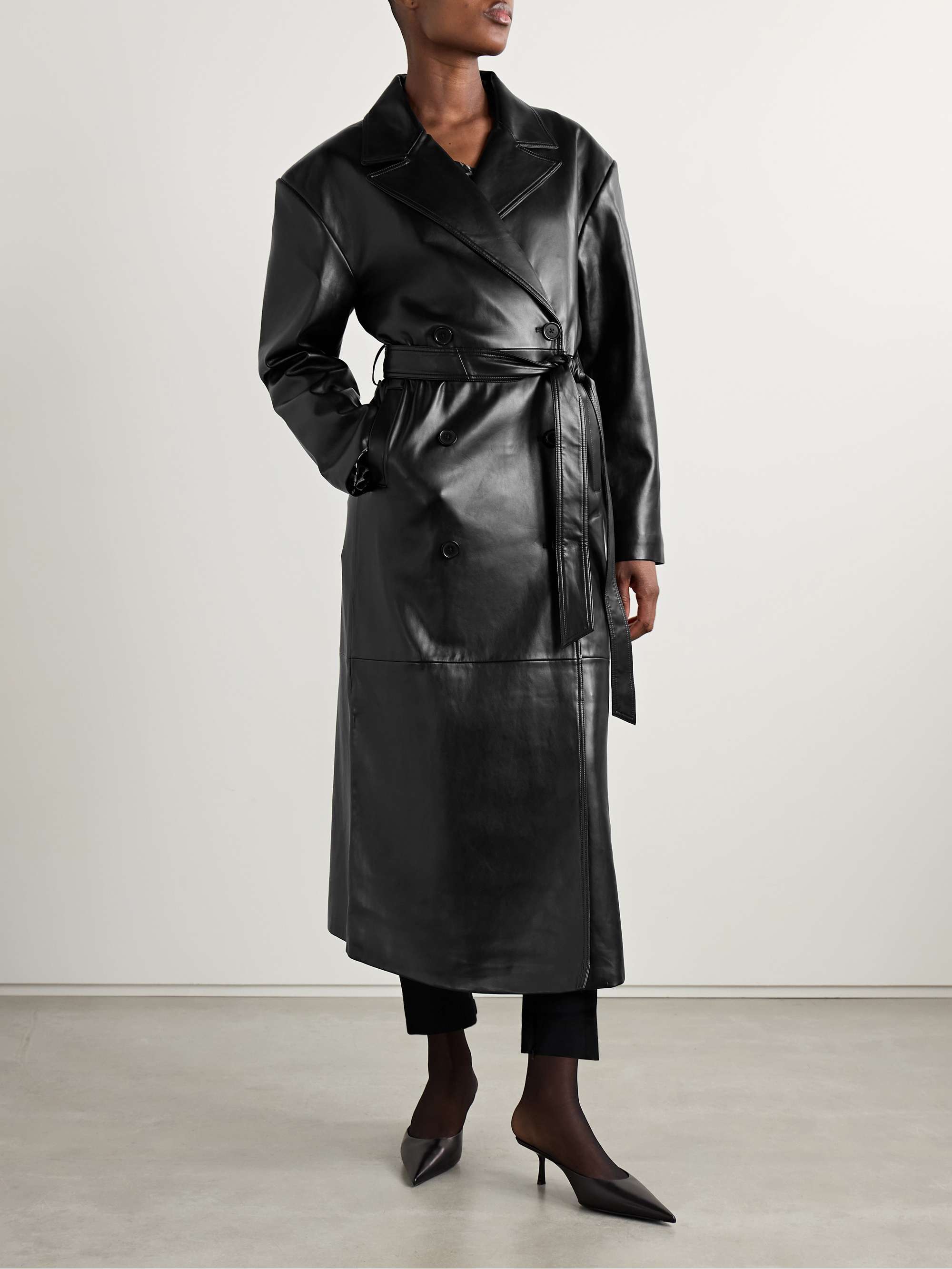 Tina belted double-breasted faux leather trench coat view