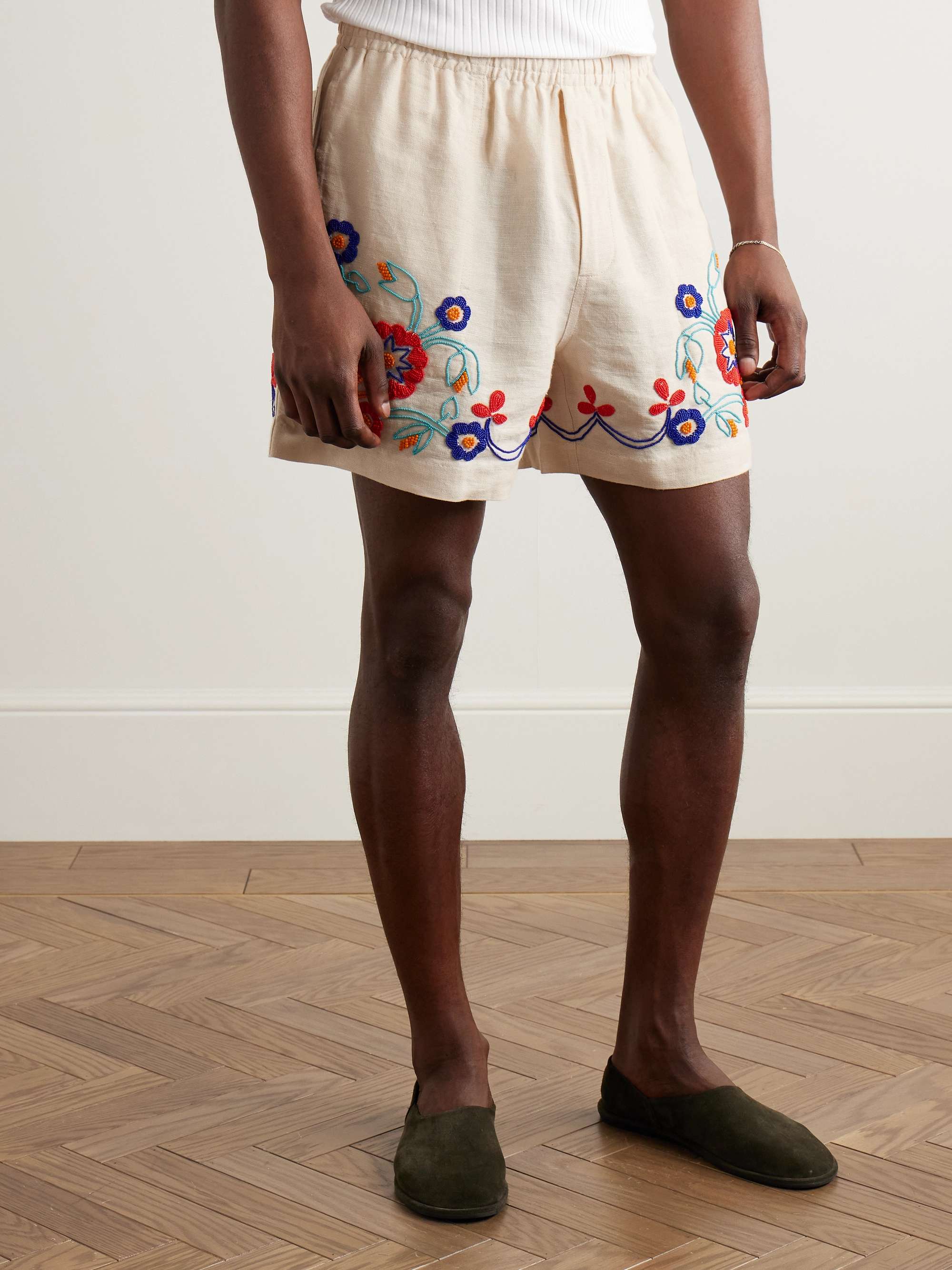 Garden Party Straight-Leg Bead-Embellished Linen Shorts view
