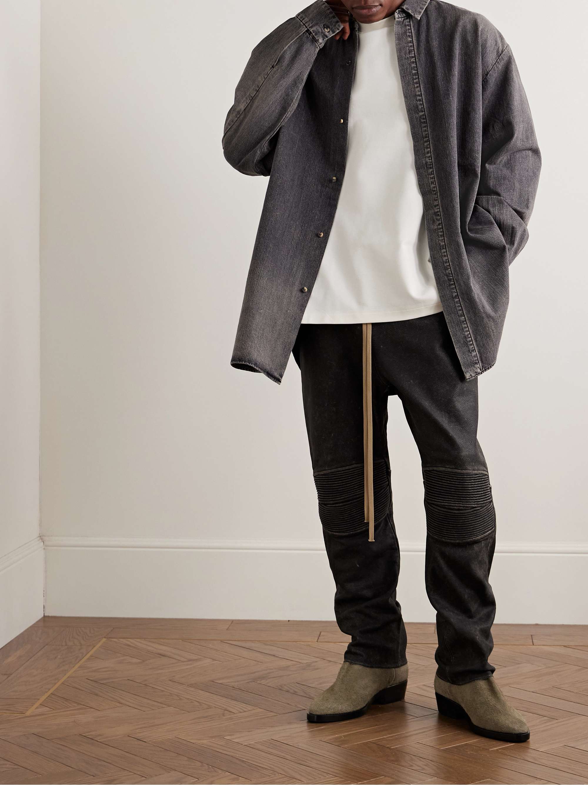 Moto Straight-Leg Leather Drawstring Trousers view