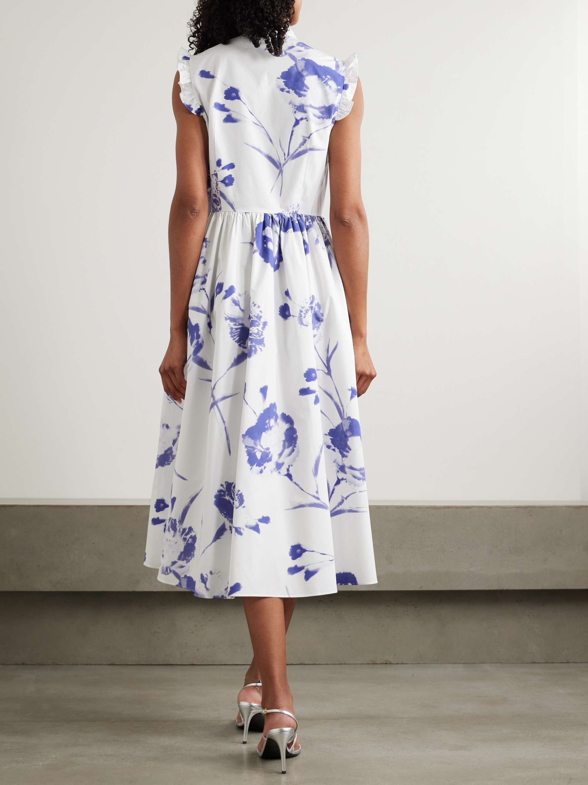 Gathered ruffled floral-print cotton-poplin midi dress view
