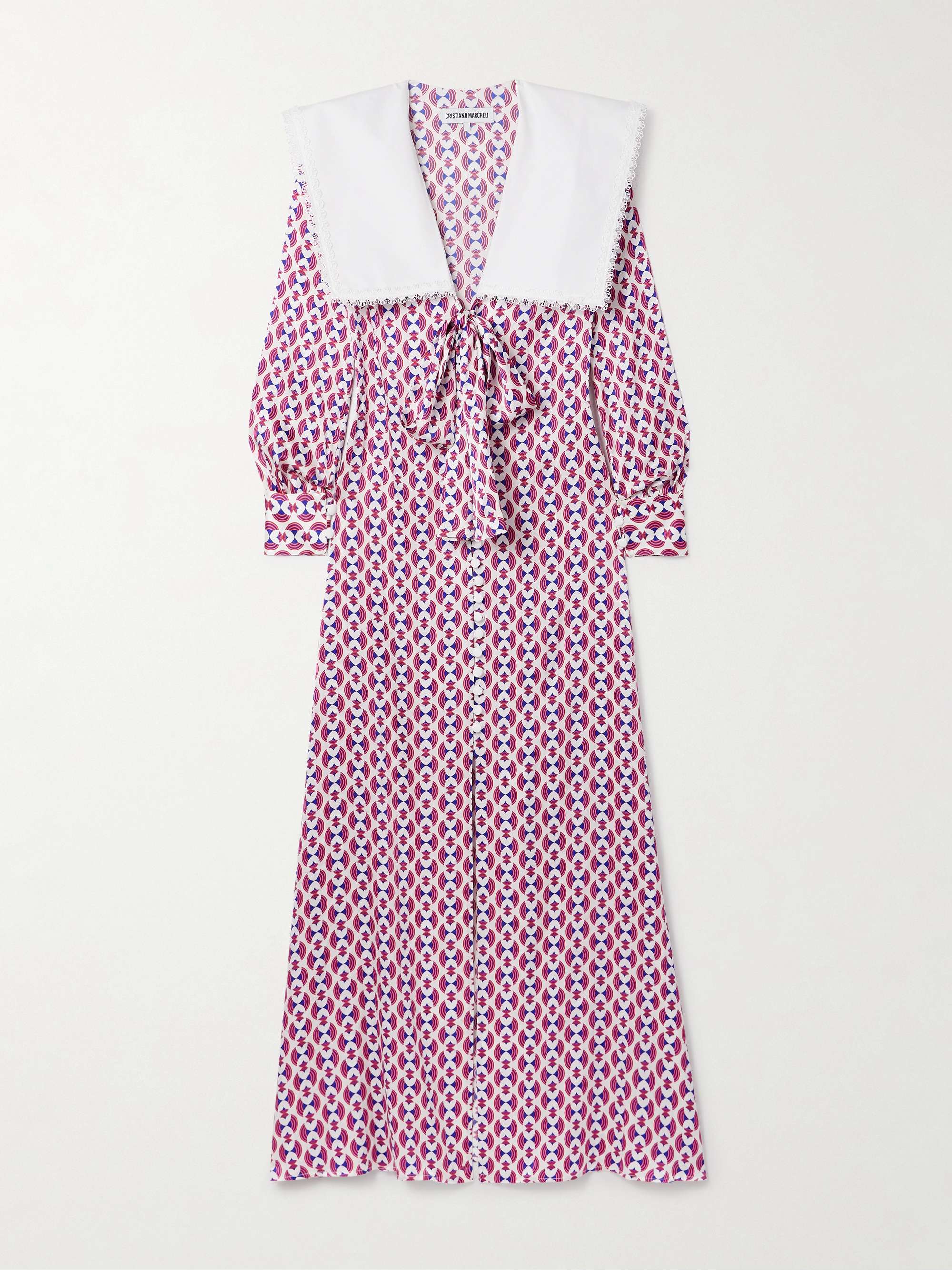 Sofia lace and poplin-trimmed printed silk-blend satin maxi dress hero visual