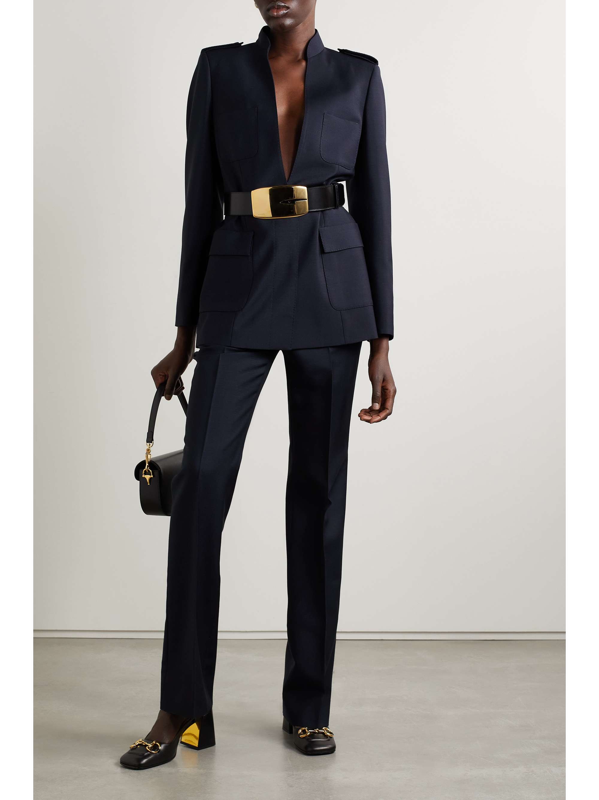Belted leather-trimmed mohair and wool-blend crepe blazer view