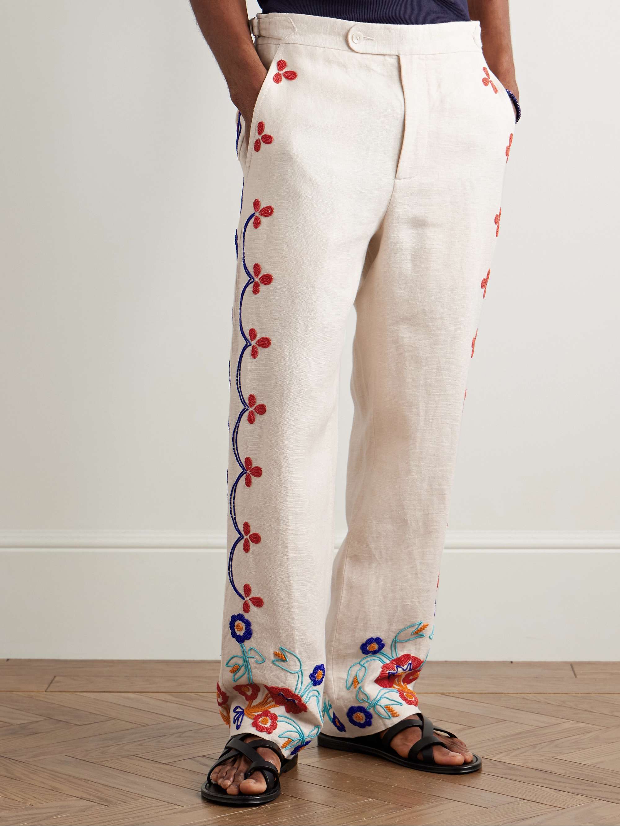 Garden Party Straight-Leg Bead-Embellished Linen Trousers view