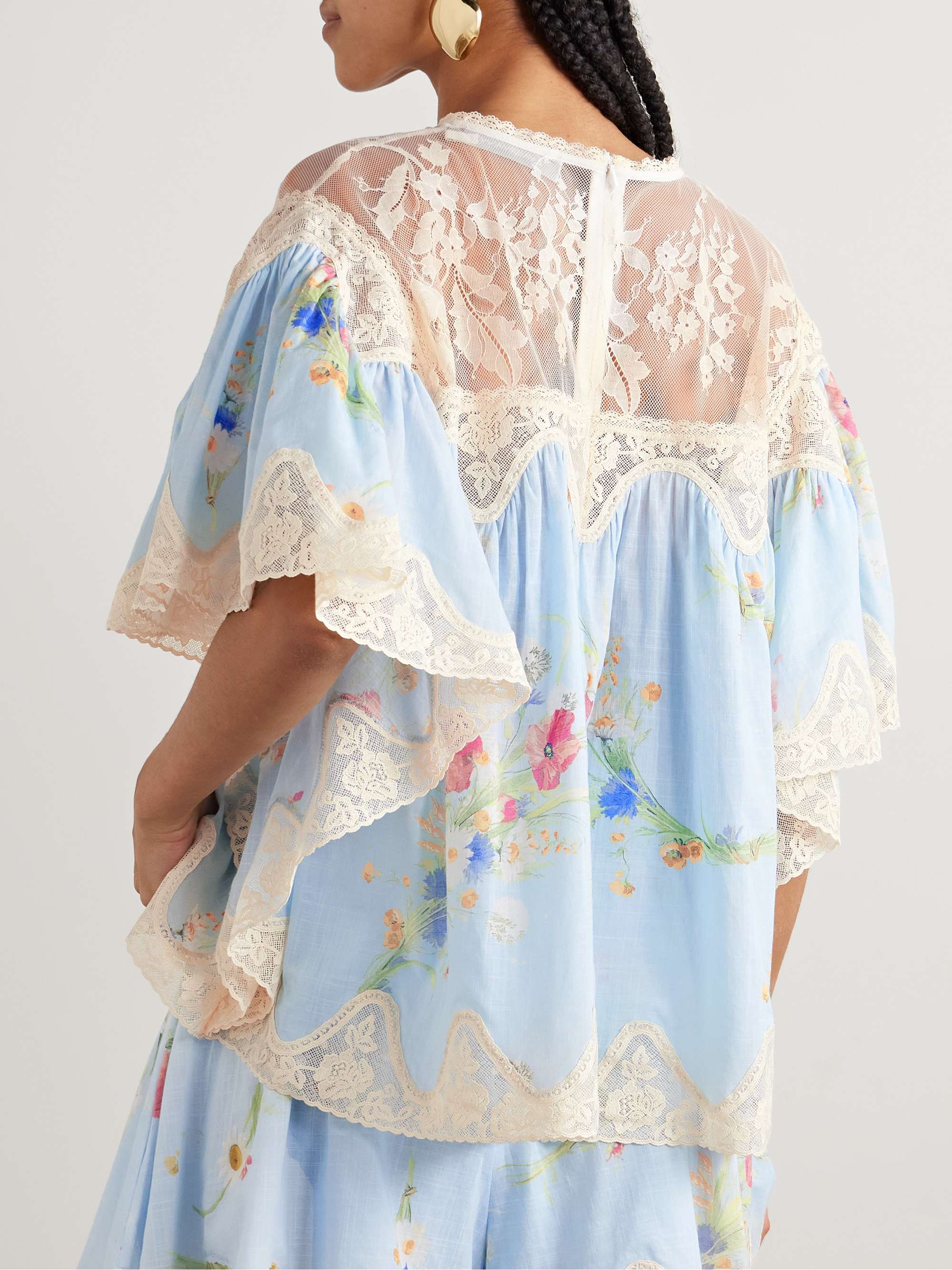 Lucky lace-trimmed floral-print cotton-voile blouse view