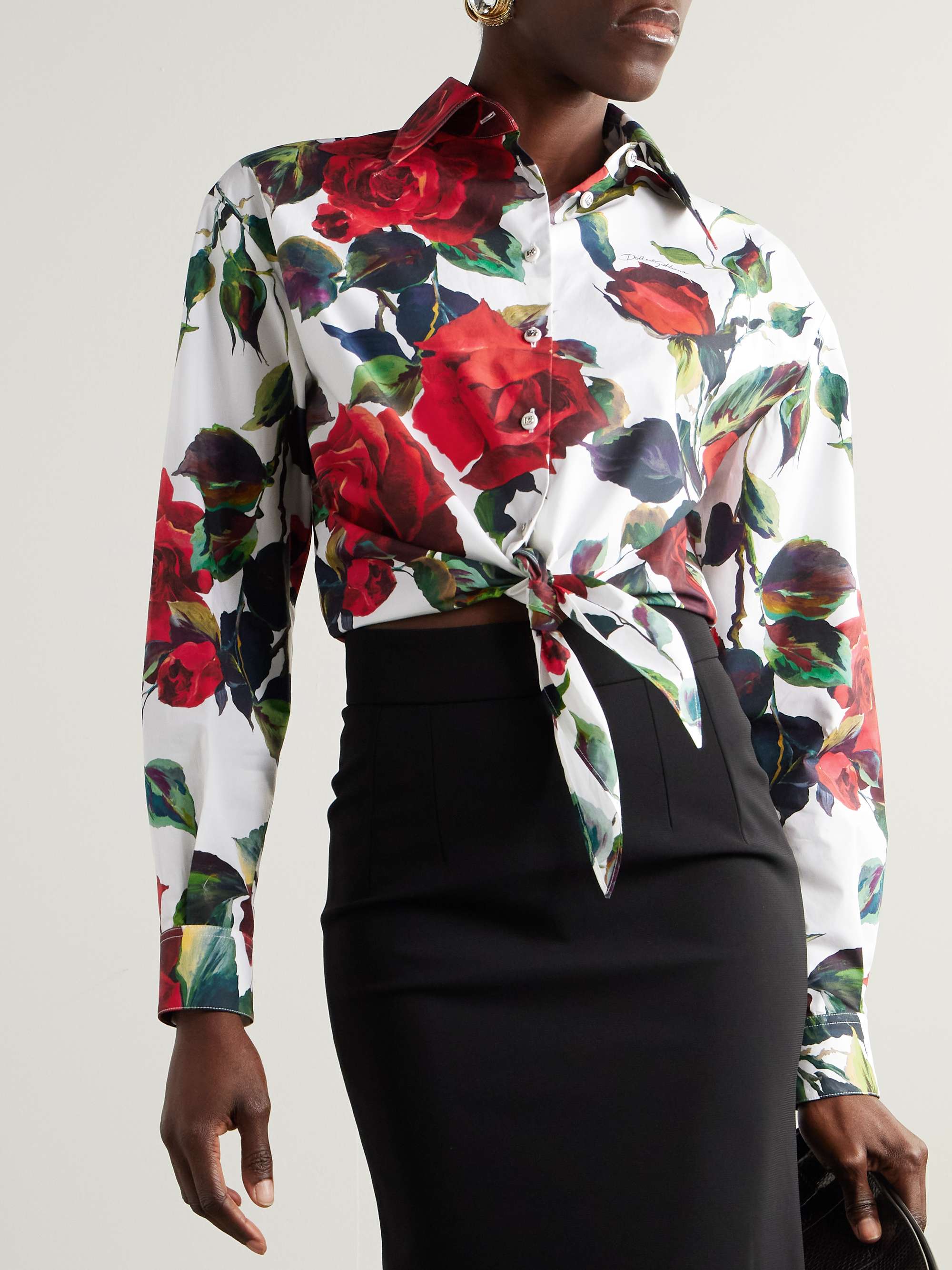 Cropped tie-detailed floral-print cotton-poplin shirt view