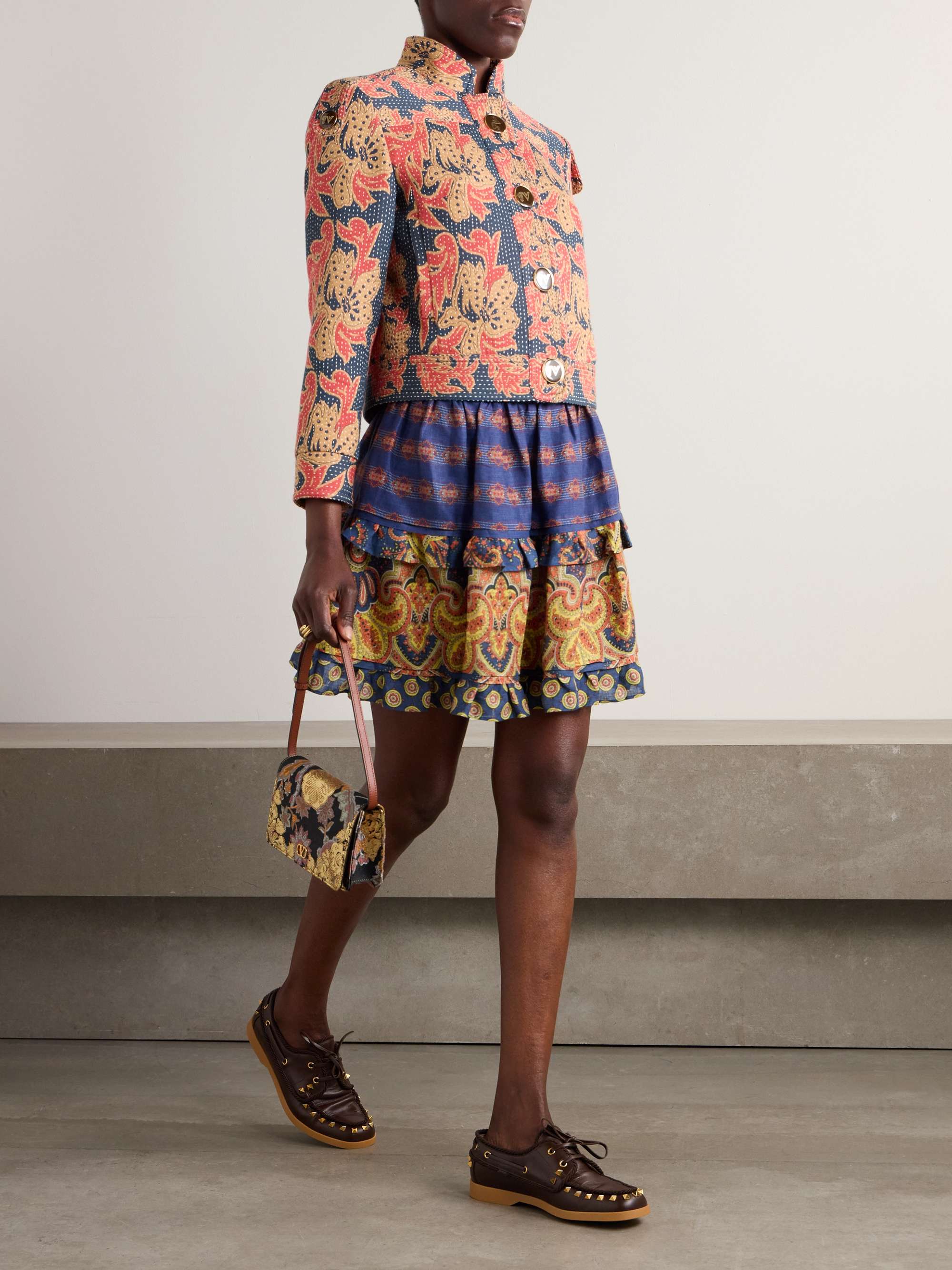 Tiered embroidered paisley-print linen mini skirt view