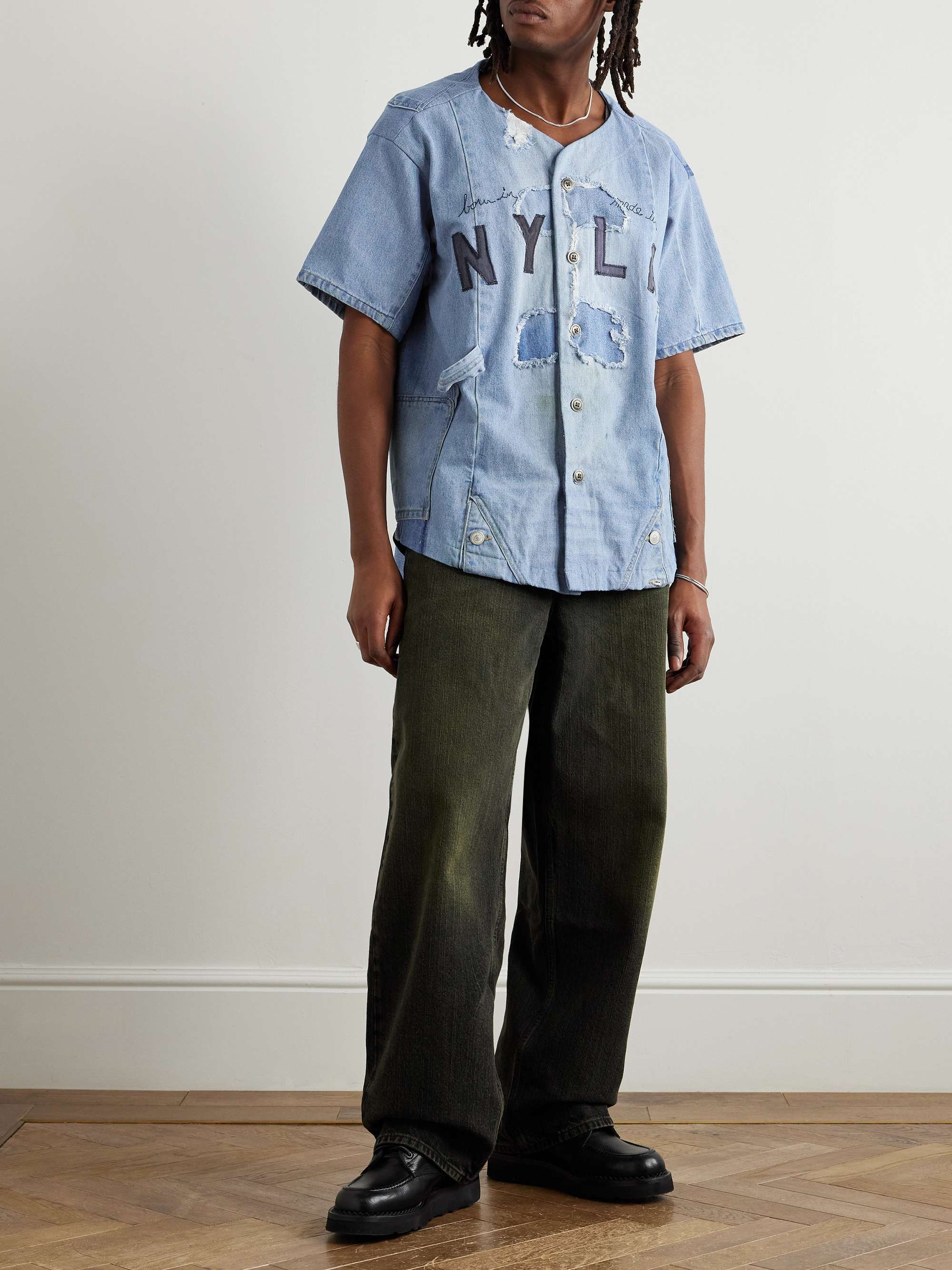 Frayed Appliquéd Embroidered Distressed Denim Shirt view