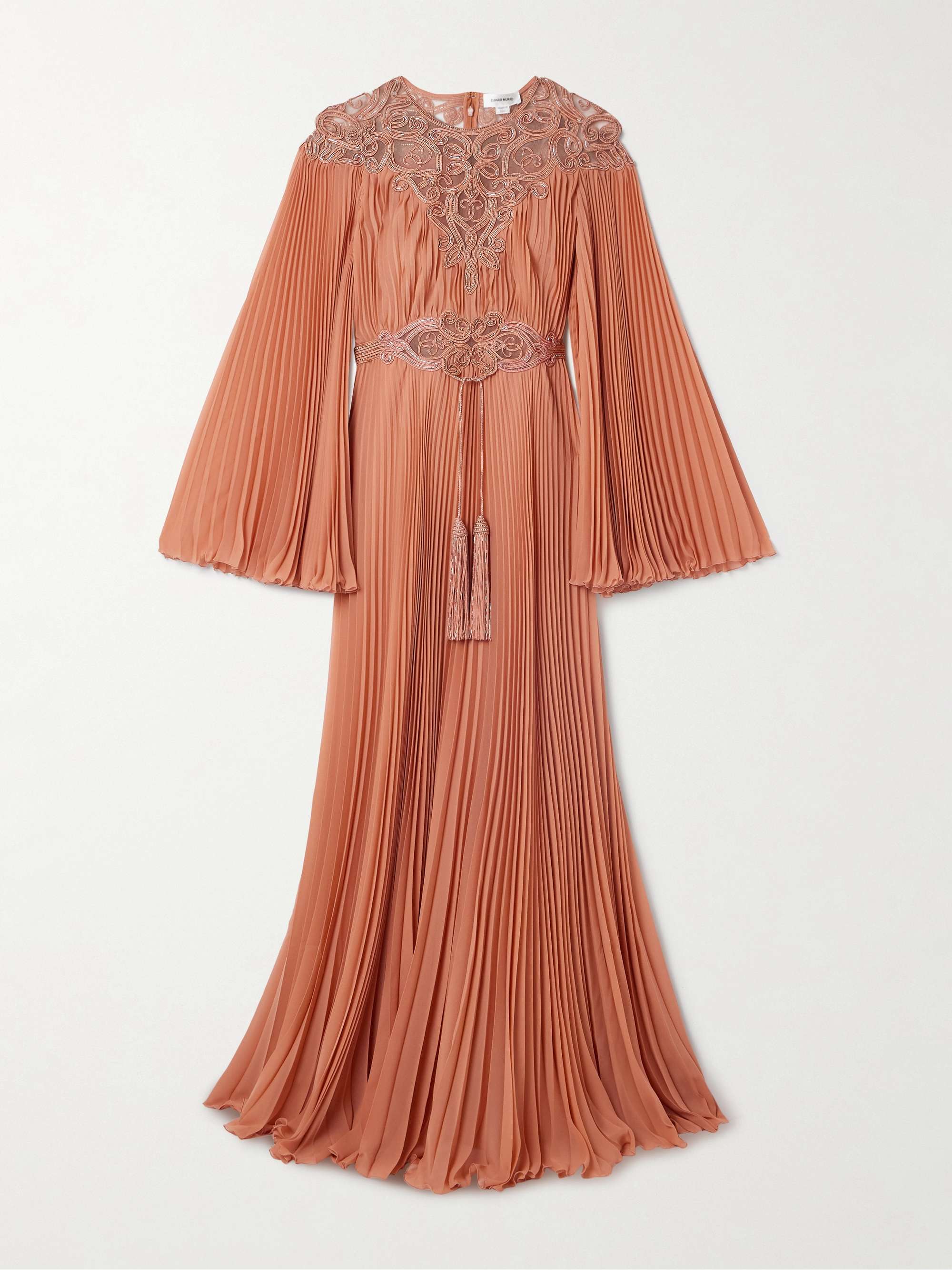 Embroidered embellished tulle-trimmed plissé-georgette gown hero visual