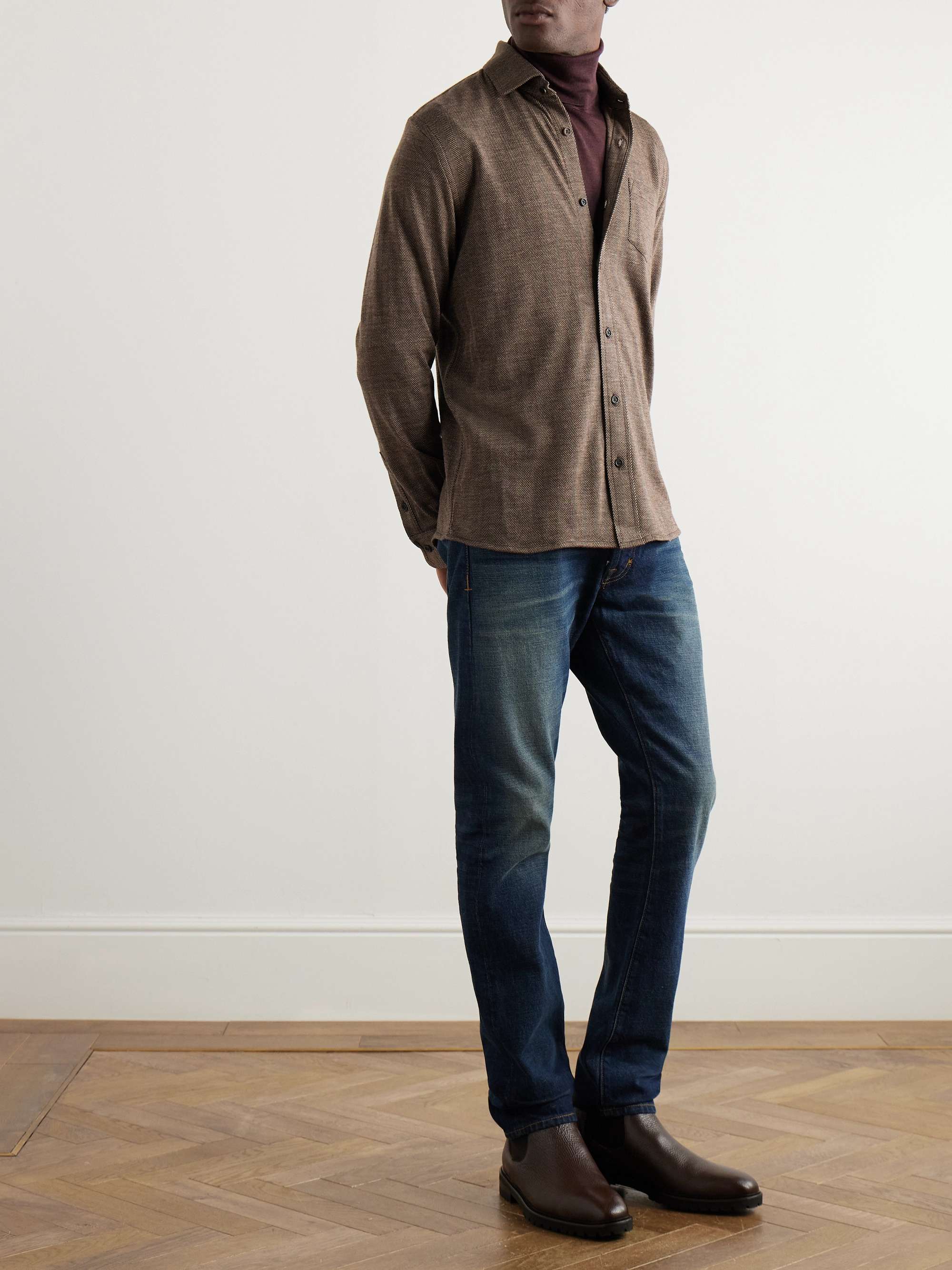Cut-Away Collar Herringbone Wool and Cotton-Blend Shirt view