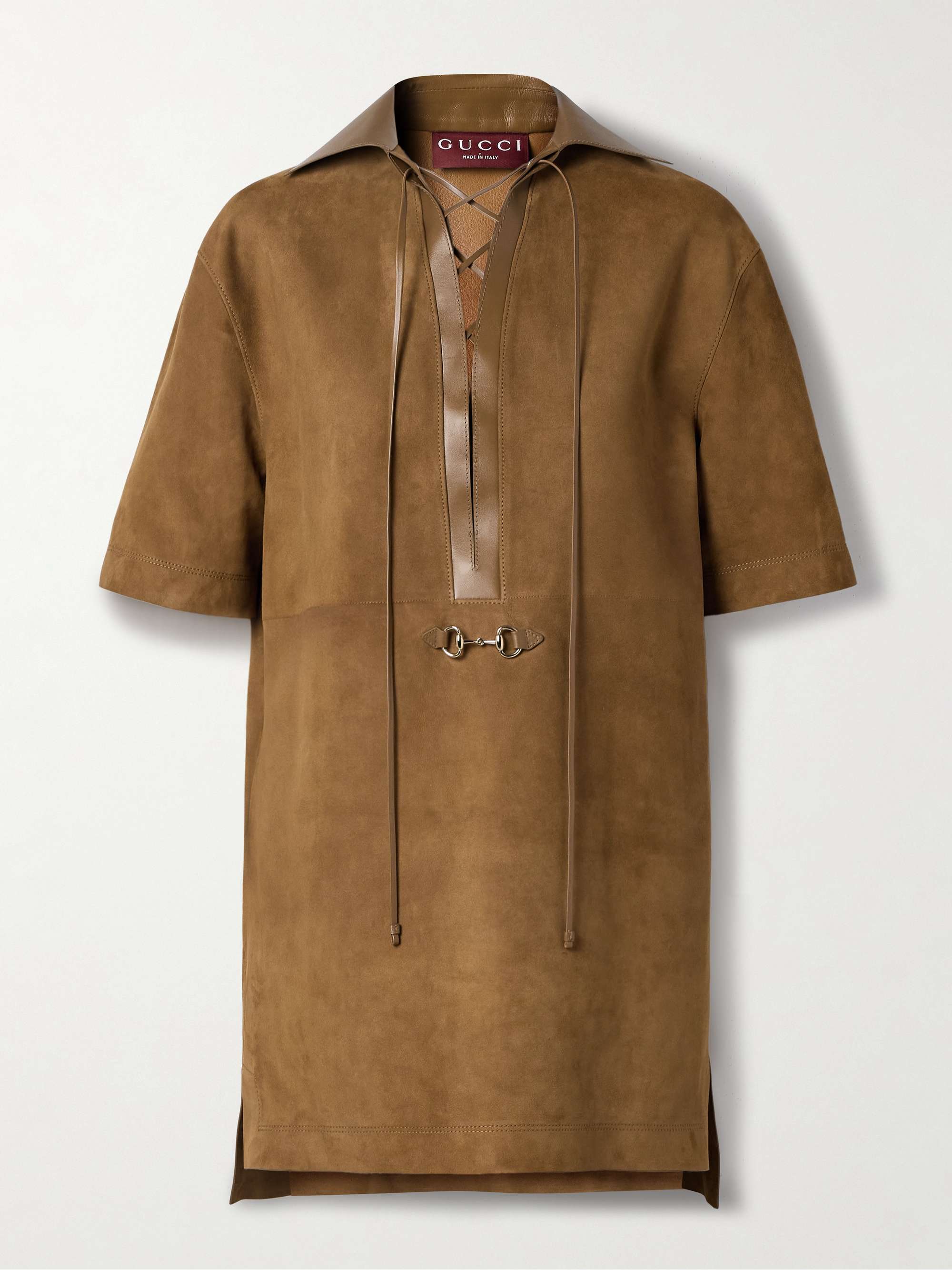 Horsebit-detailed leather-trimmed suede mini dress hero visual