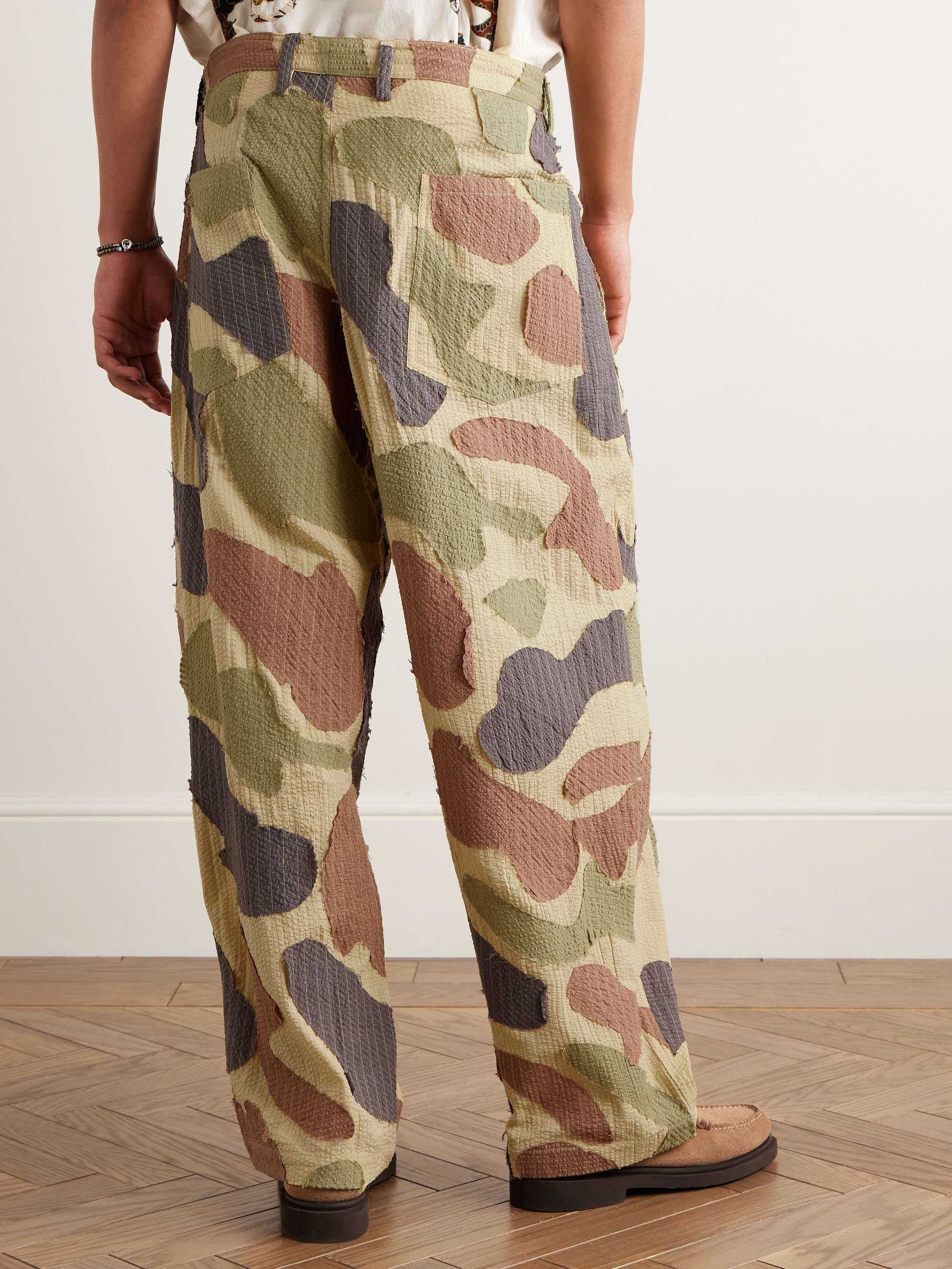 Yuki Wide-Leg Pleated Appliquéd Striped Cotton-Seersucker Trousers view