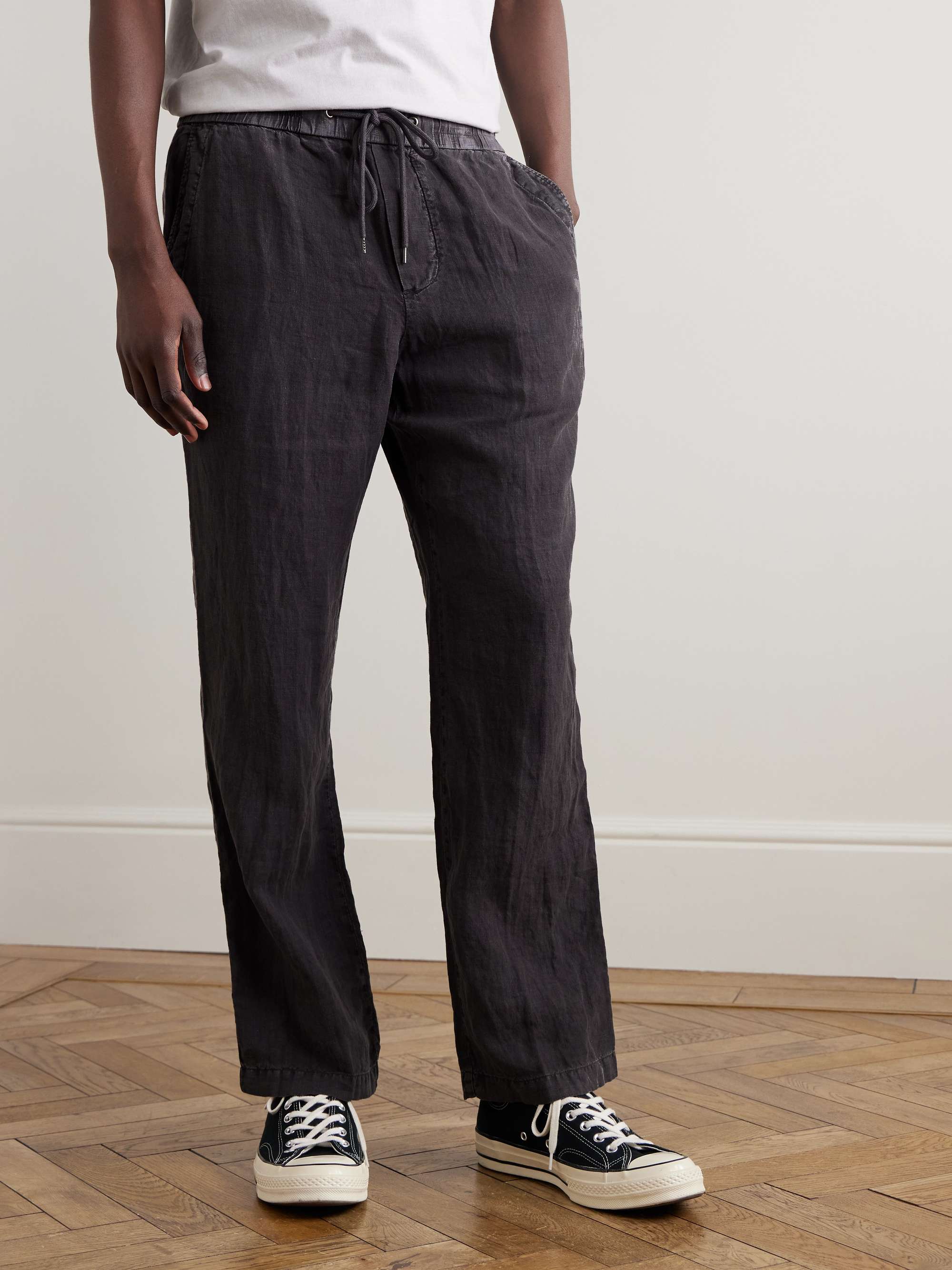 Straight-Leg Garment-Dyed Linen Drawstring Trousers view