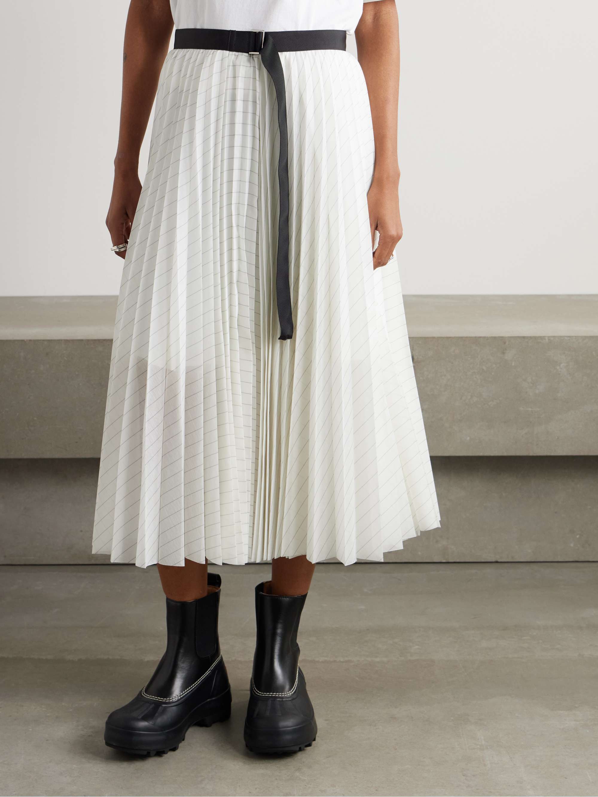 Belted pleated striped voile midi skirt view