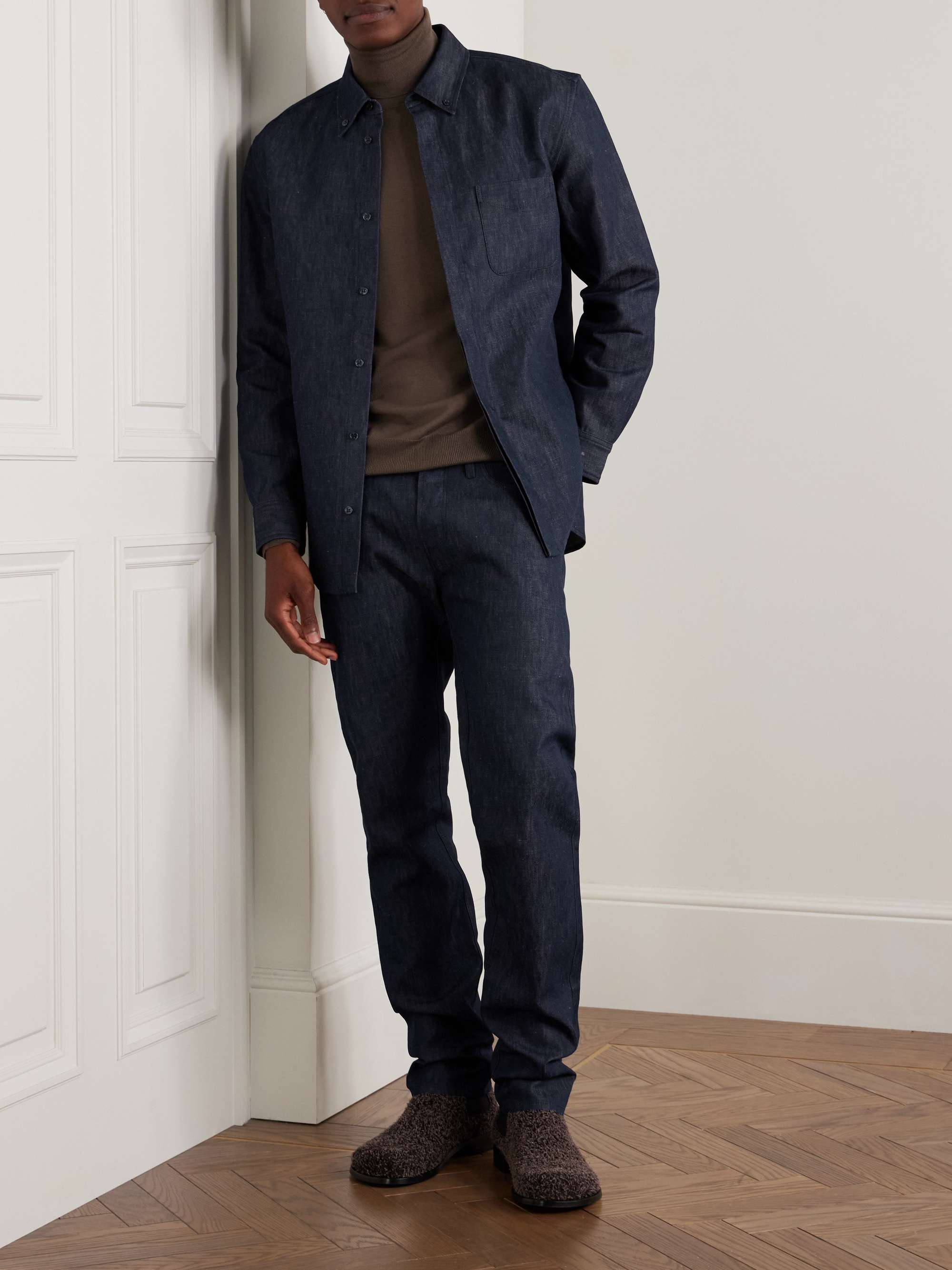 Anthony Slim-Fit Straight-Leg Cotton and Linen-Blend Chambray Trousers view