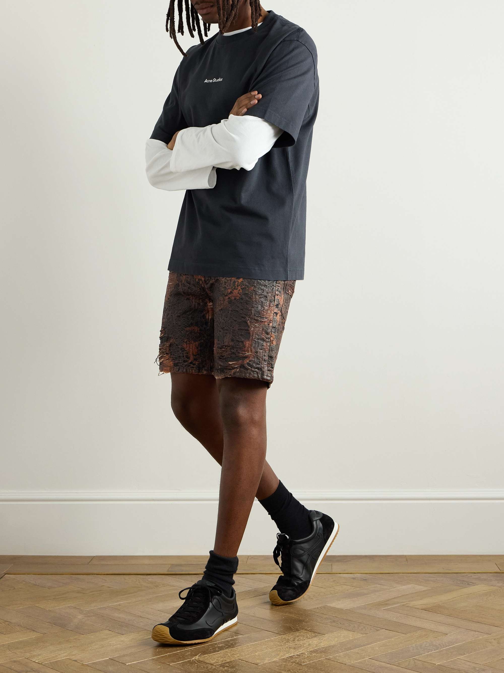 Roman Slim-Fit Straight-Leg Distressed Coated-Denim Shorts view