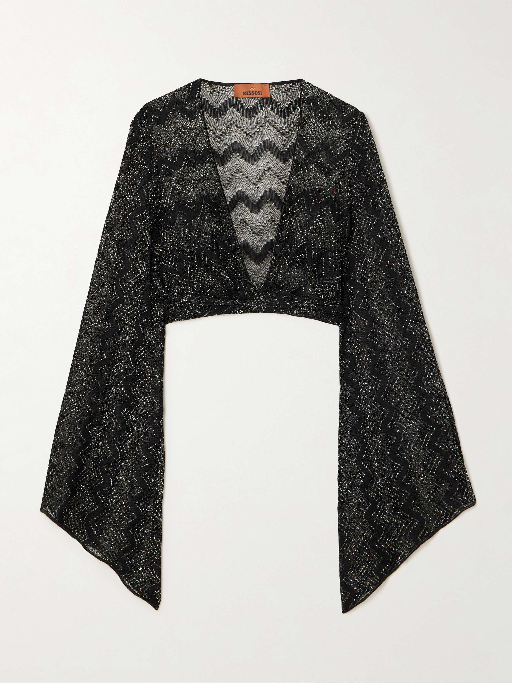 Cropped tie-detailed metallic crochet-knit top hero visual