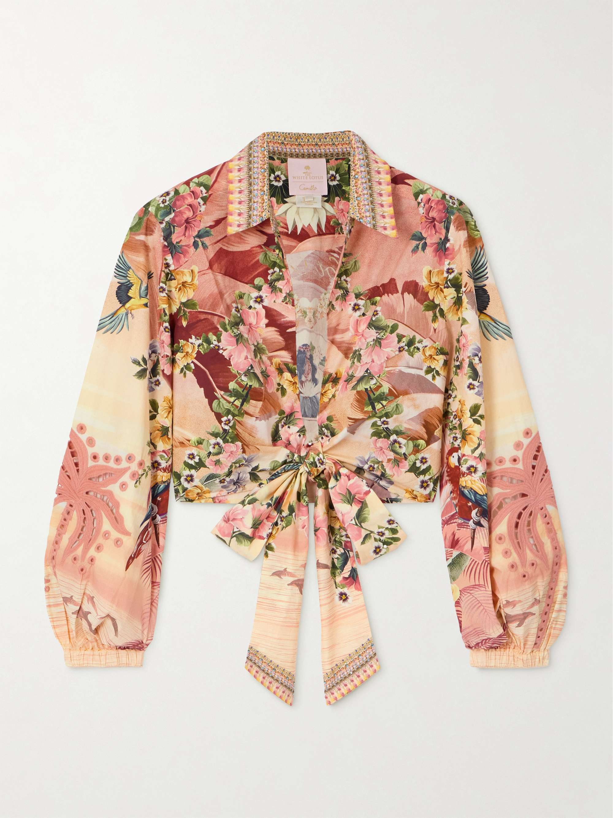 + The White Lotus cropped printed crystal-embellished organic cotton-poplin wrap shirt hero visual