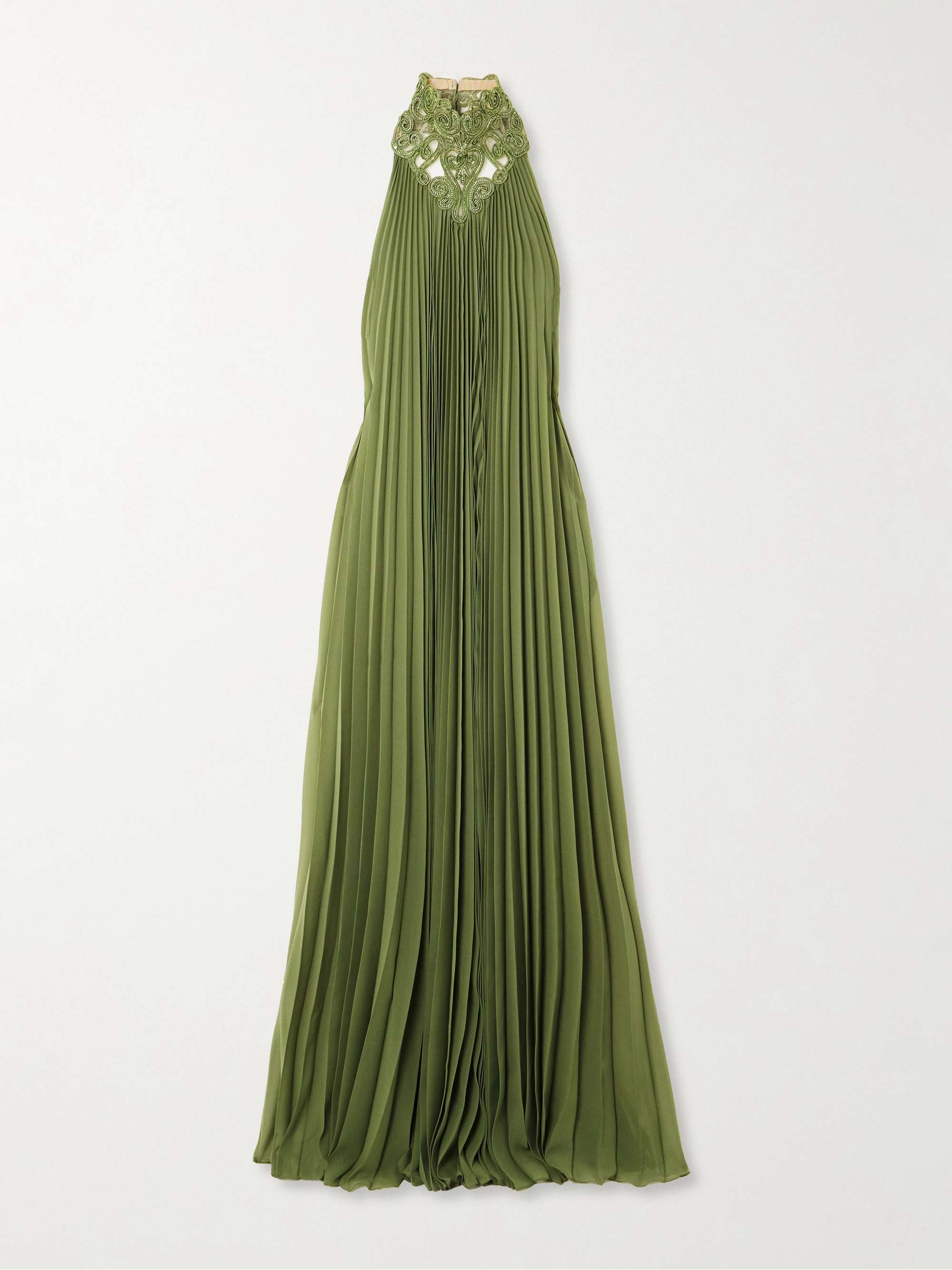 Tasseled pleated embellished mesh-trimmed georgette halterneck gown hero visual