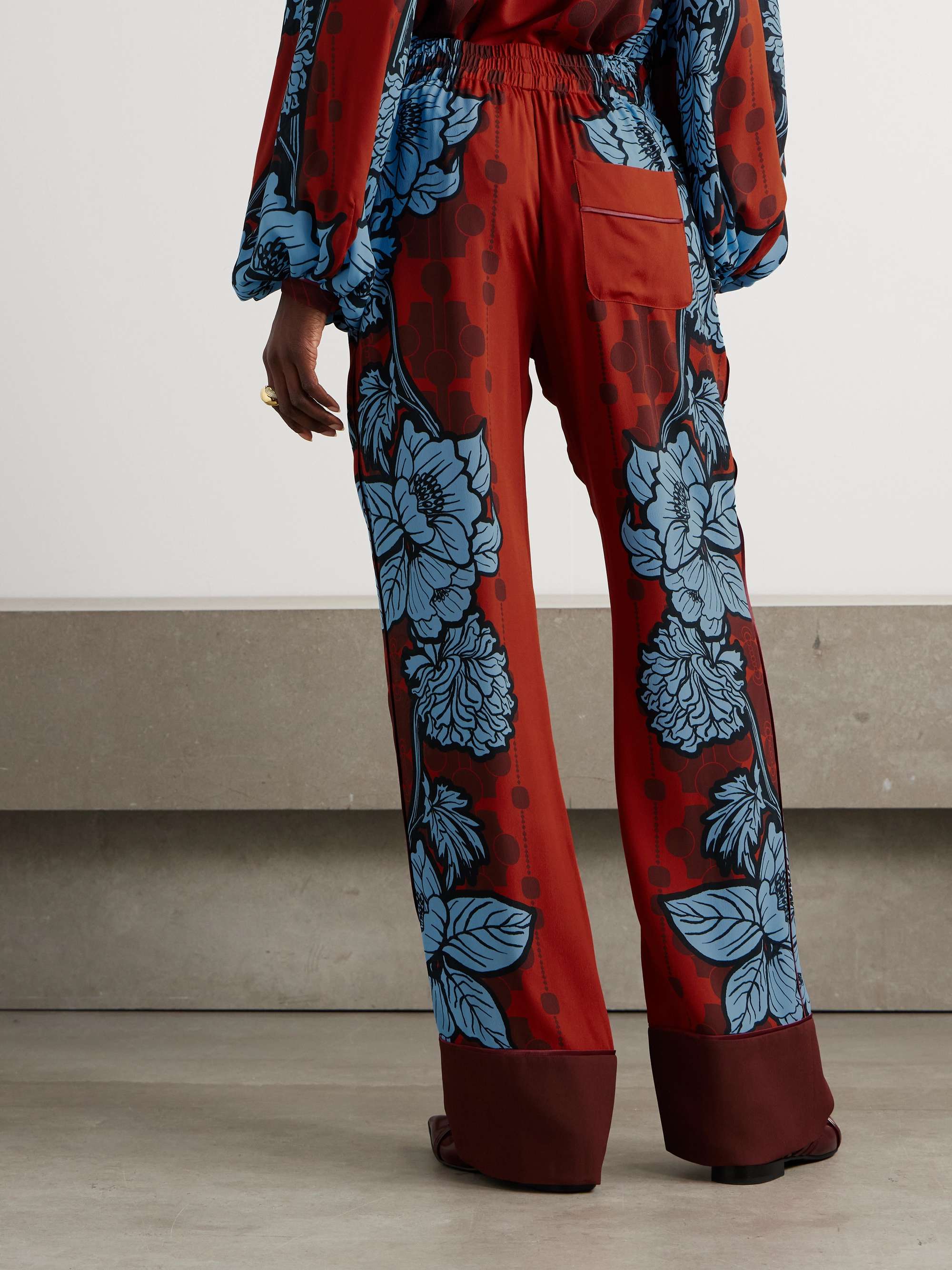 Havana floral-print satin-trimmed crepe de chine pants view