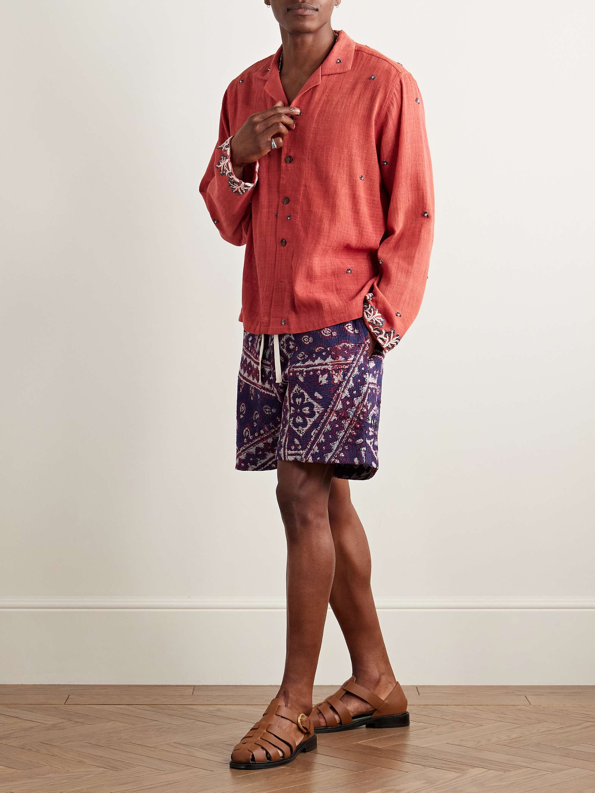 Straight-Leg Patchwork Printed Kantha Cotton Drawstring Shorts view