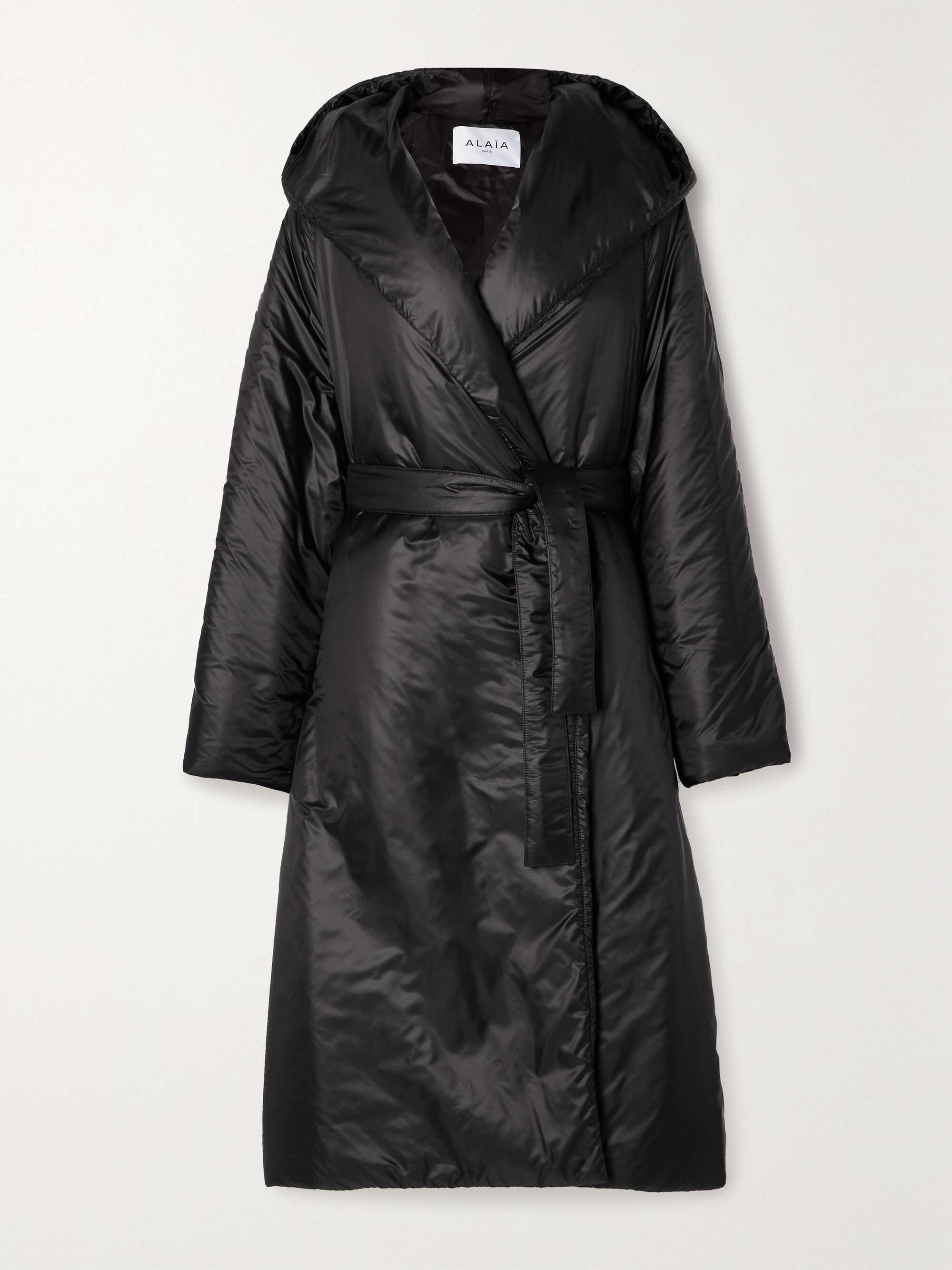 Belted padded hooded shell coat hero visual
