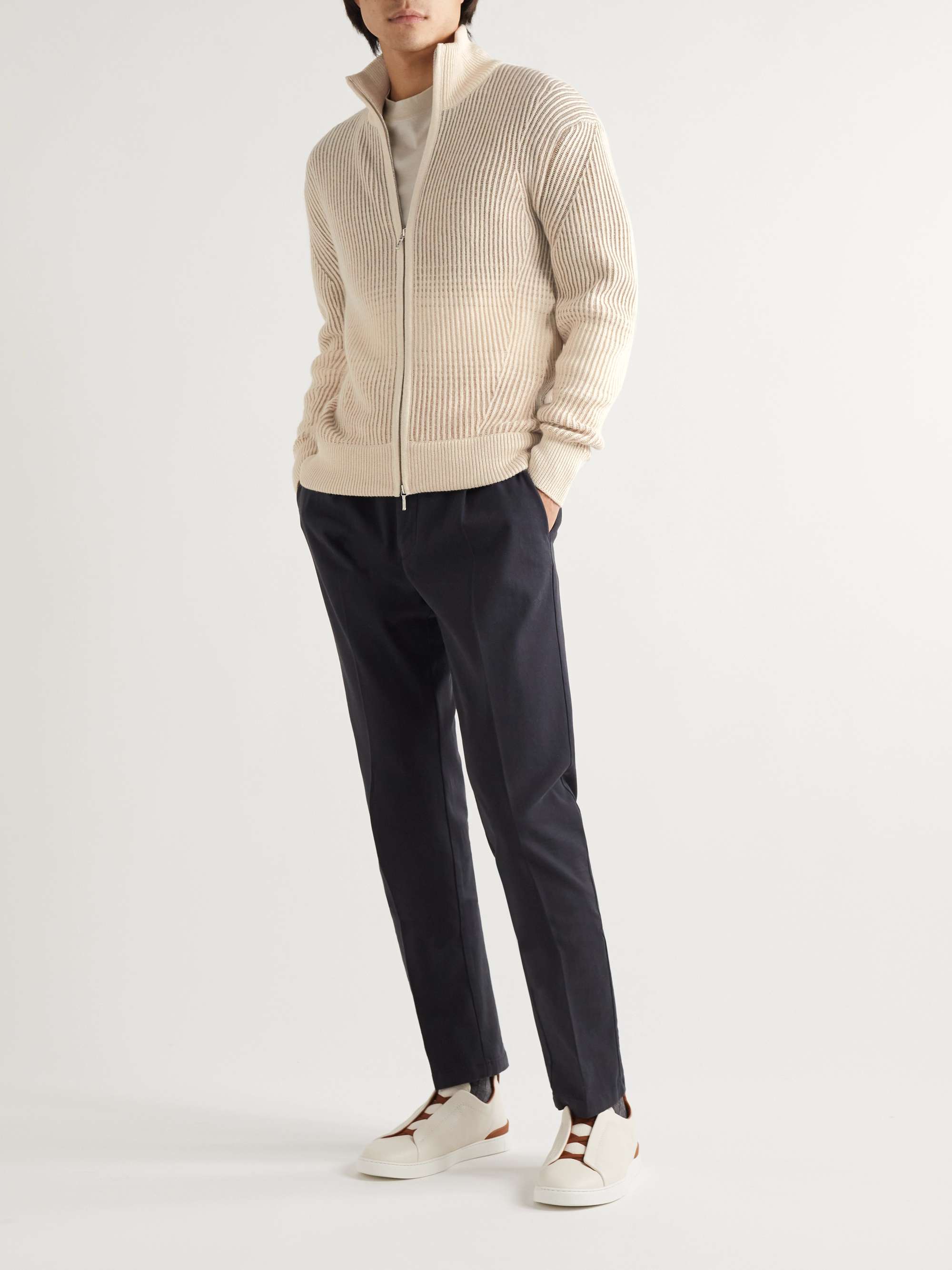 Ribbed Cashmere and Wool-Blend Zip-Up Cardigan view