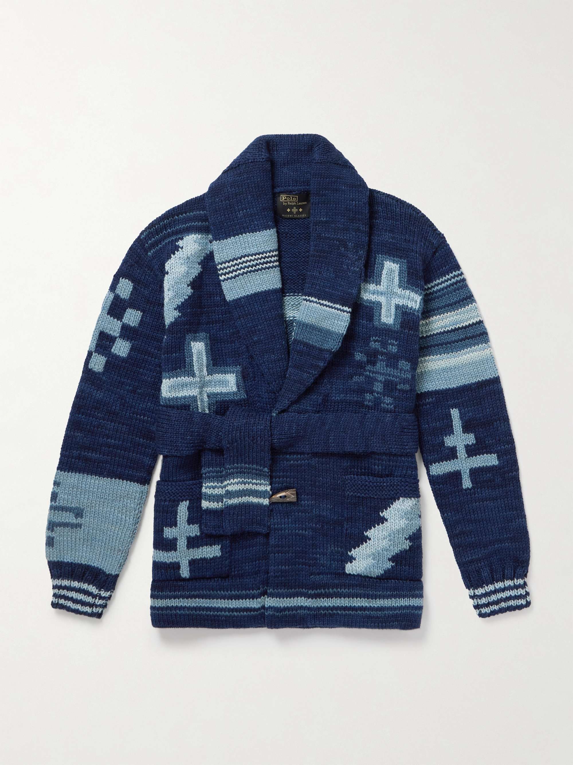 + Naiomi Glasses Shawl-Collar Belted Jacquard-Knit Wool Cardigan hero visual