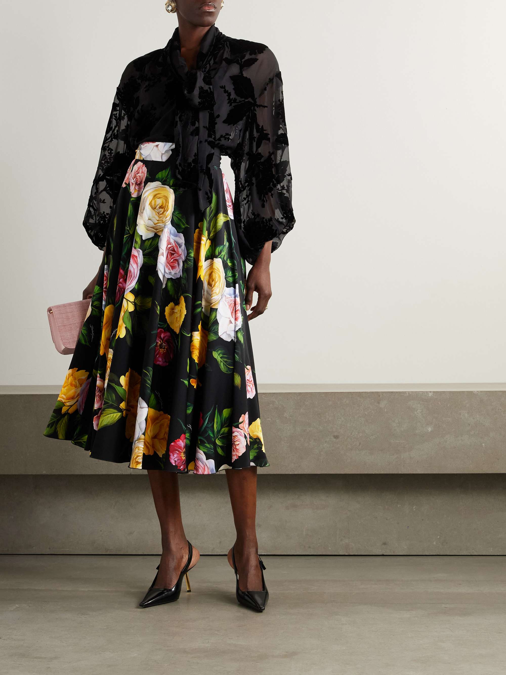 Pleated floral-print stretch-silk charmeuse midi skirt view