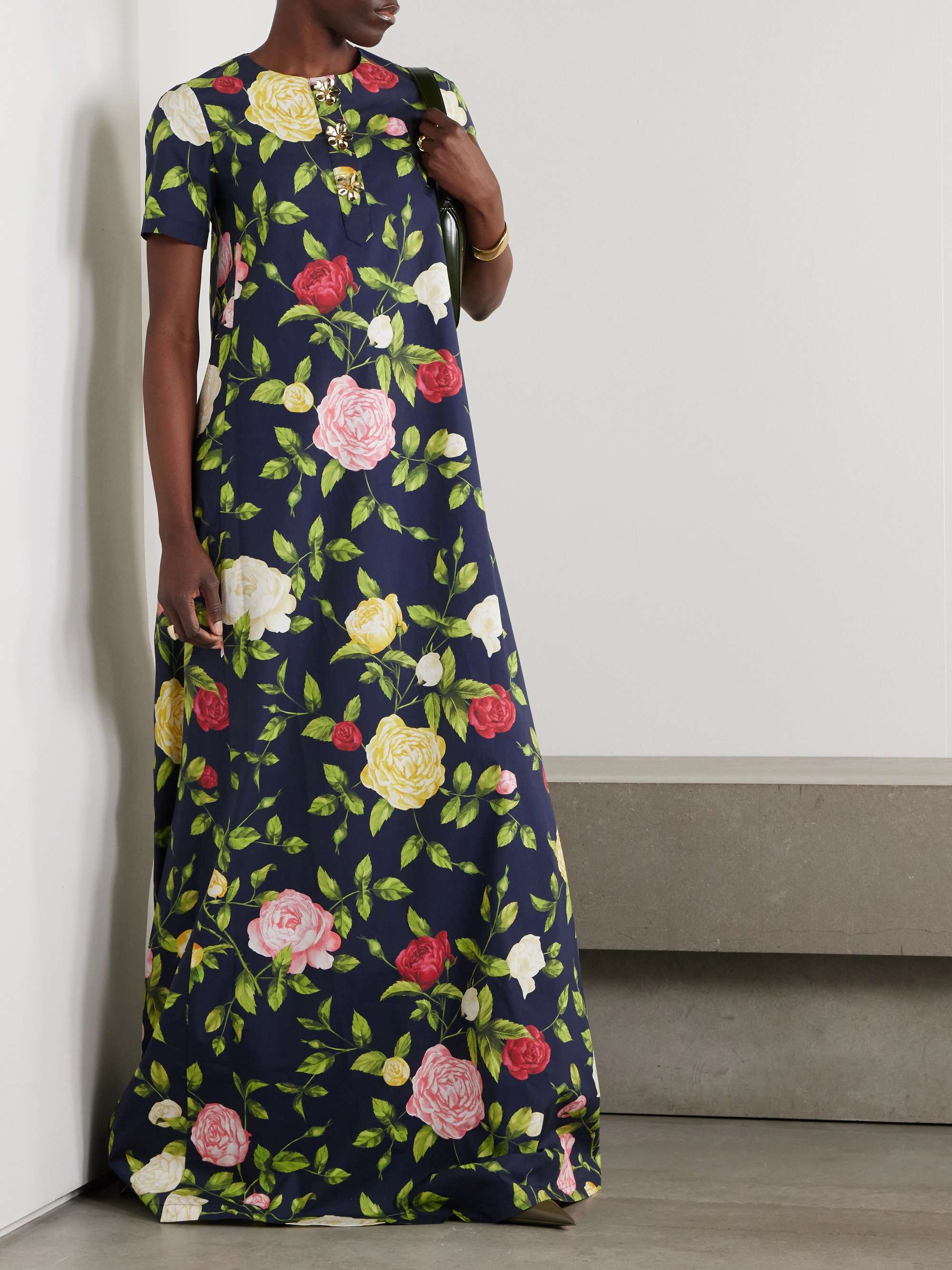 Button-embellished floral-print cotton-blend poplin gown view