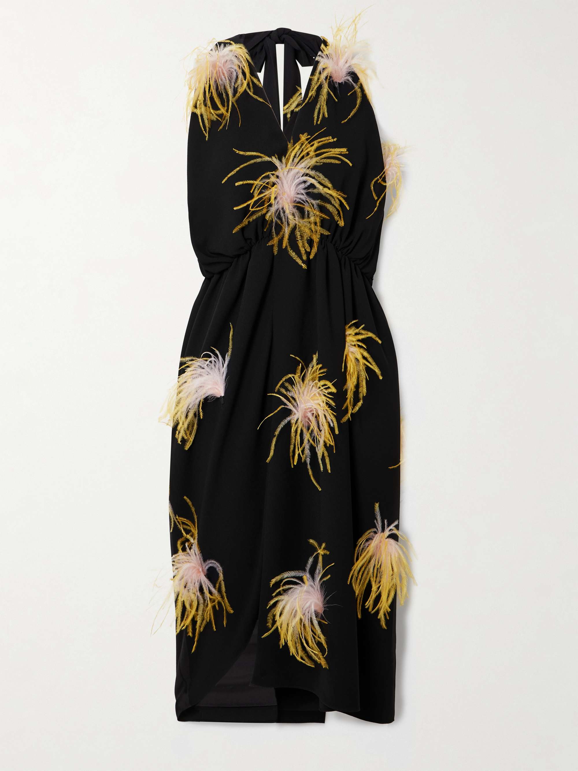 Vide asymmetric feather-trimmed gathered crepe halterneck dress hero visual