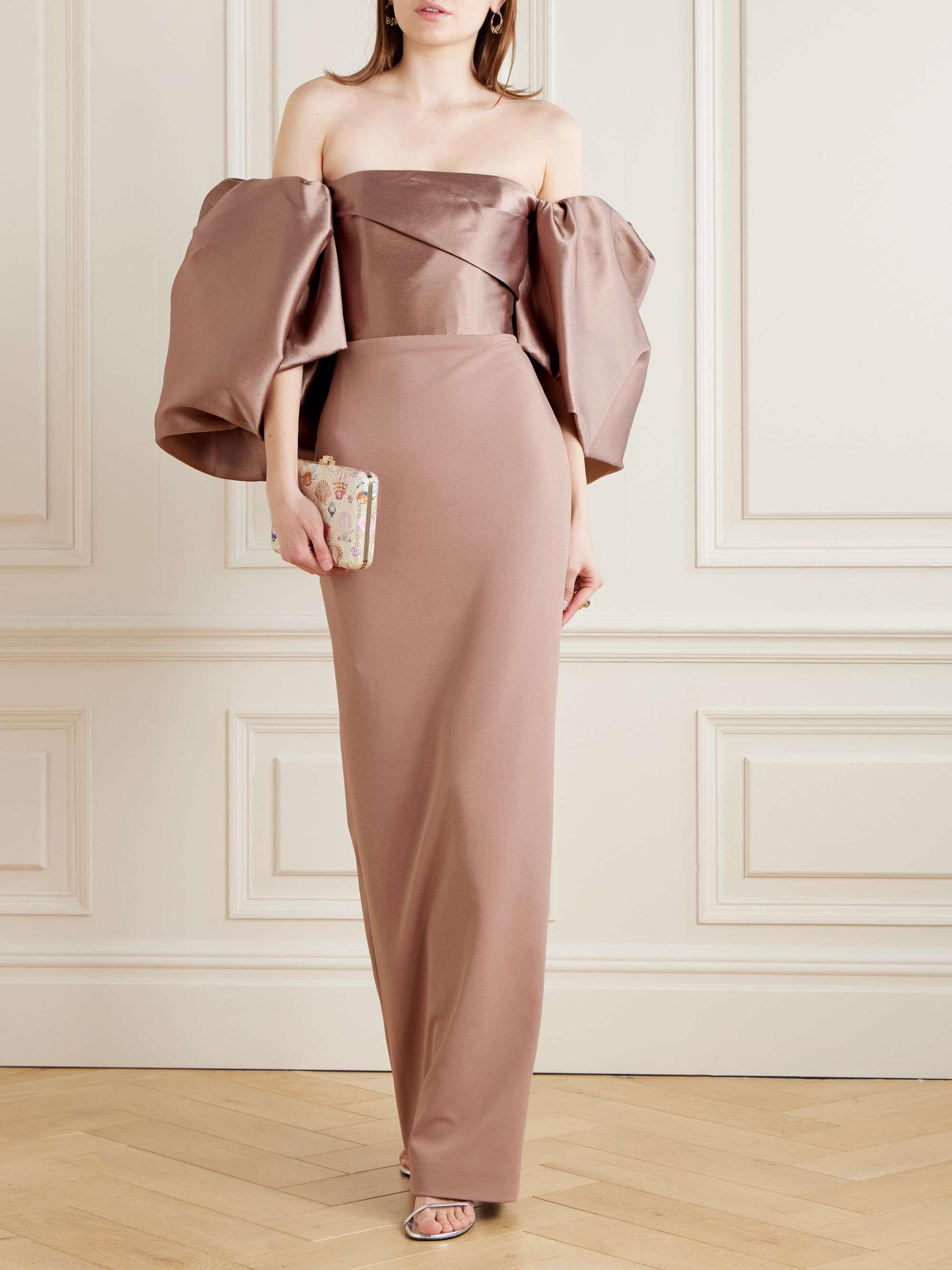 Floris off-the-shoulder satin-twill and crepe gown view