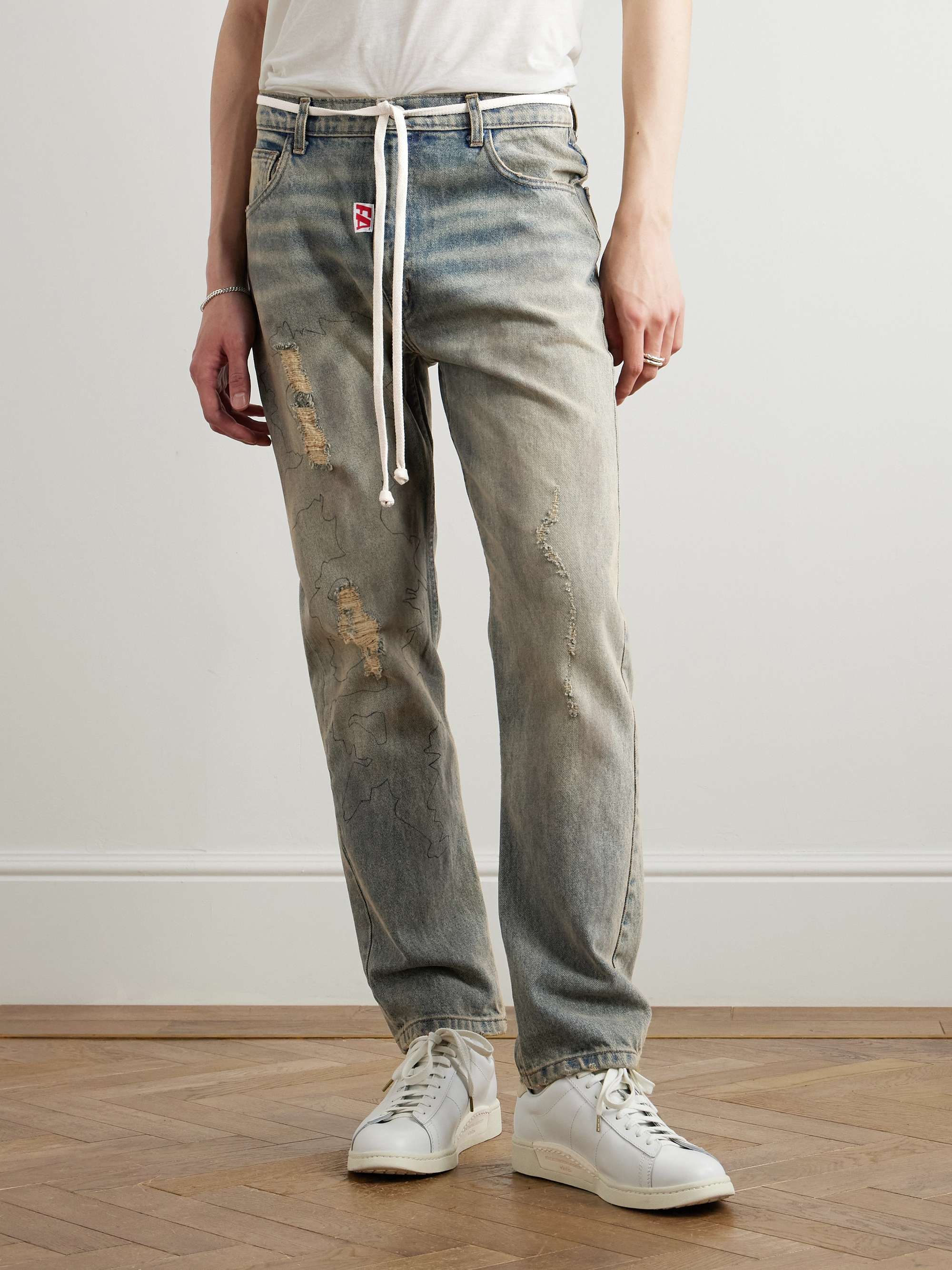 Fathers Way Slim-Fit Straight-Leg Belted Distressed Printed Jeans view