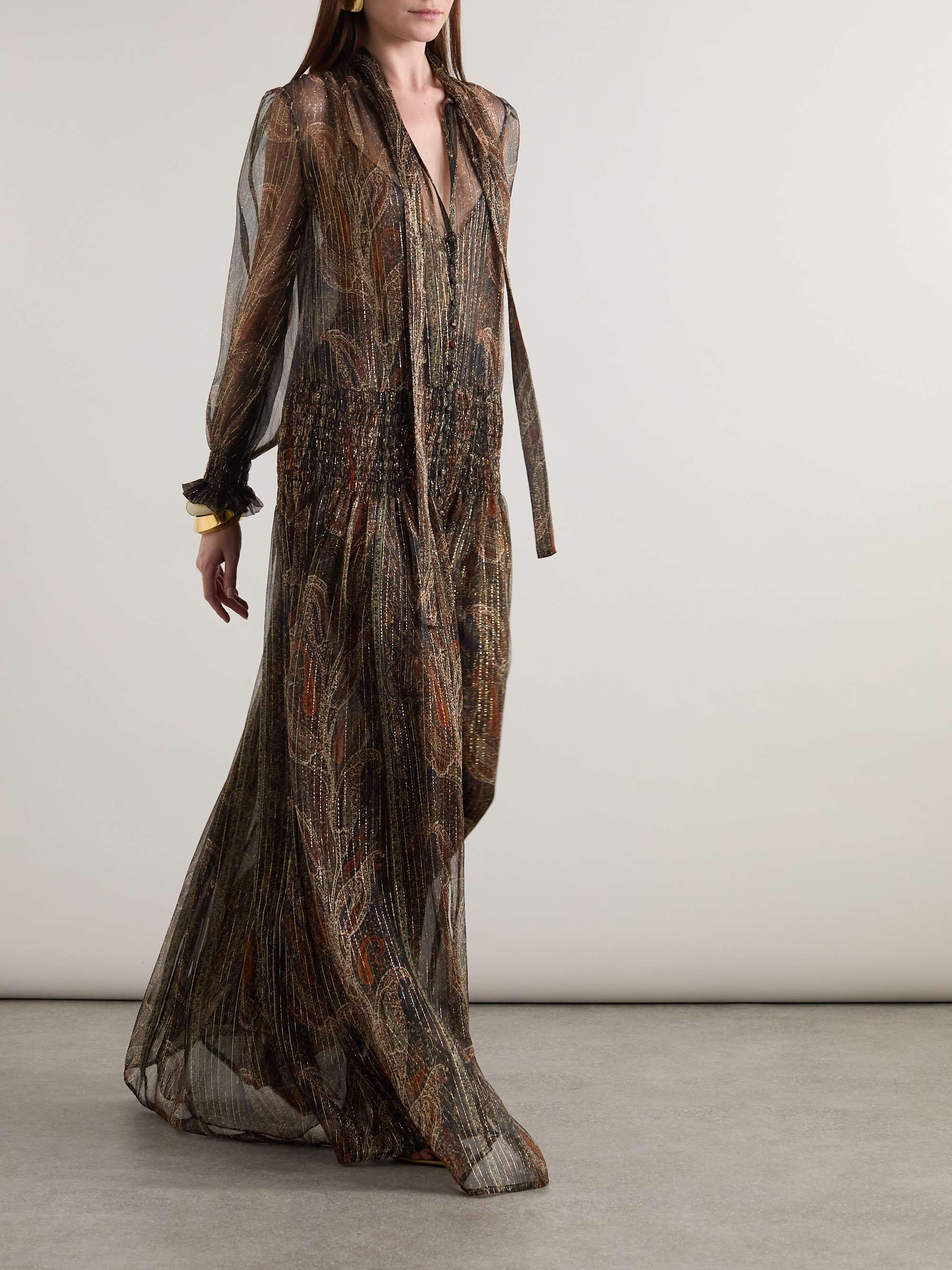 Smocked metallic paisley-print silk-blend chiffon maxi dress view