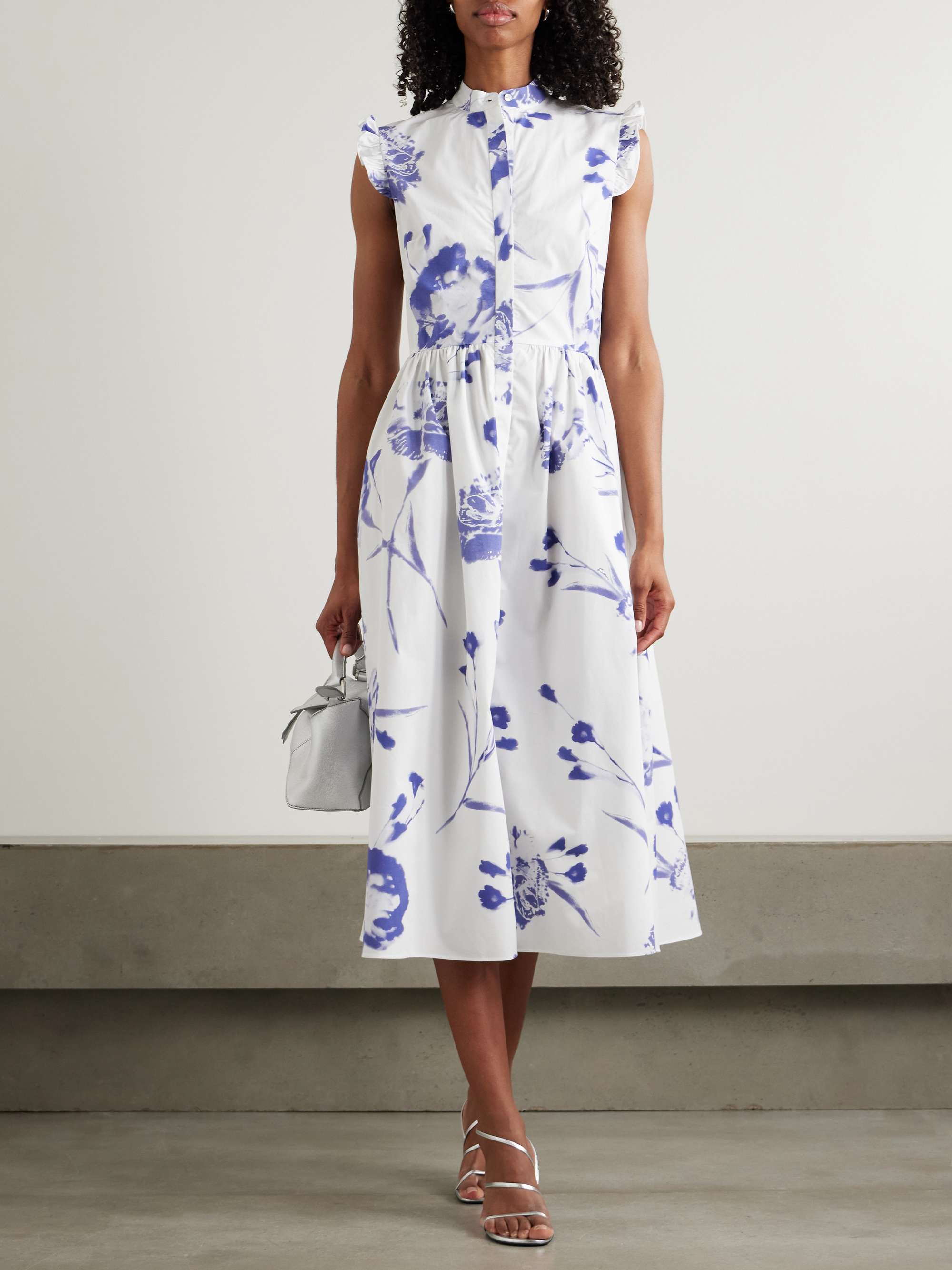 Gathered ruffled floral-print cotton-poplin midi dress view