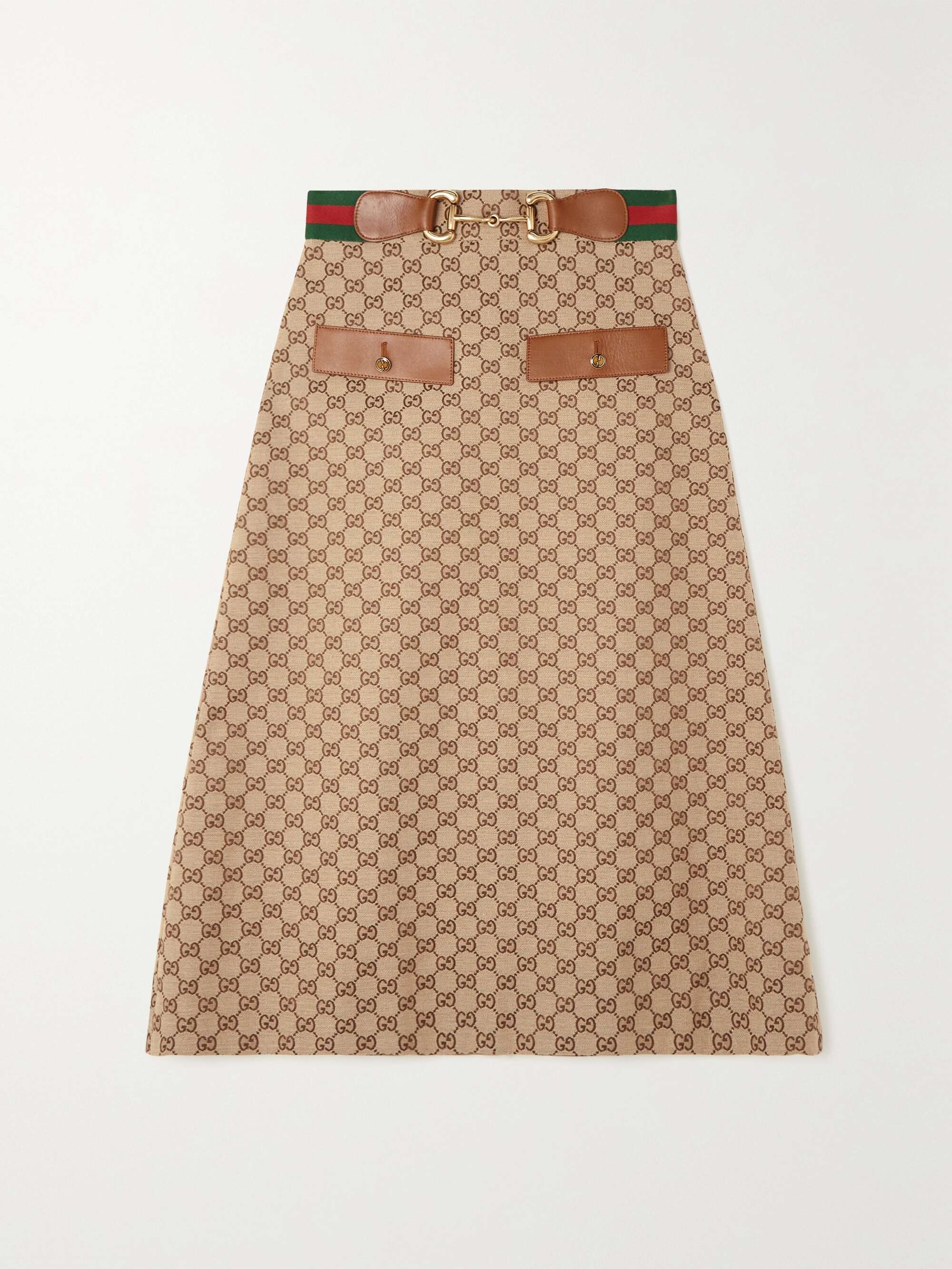 Belted leather-trimmed cotton-blend canvas-jacquard midi skirt hero visual