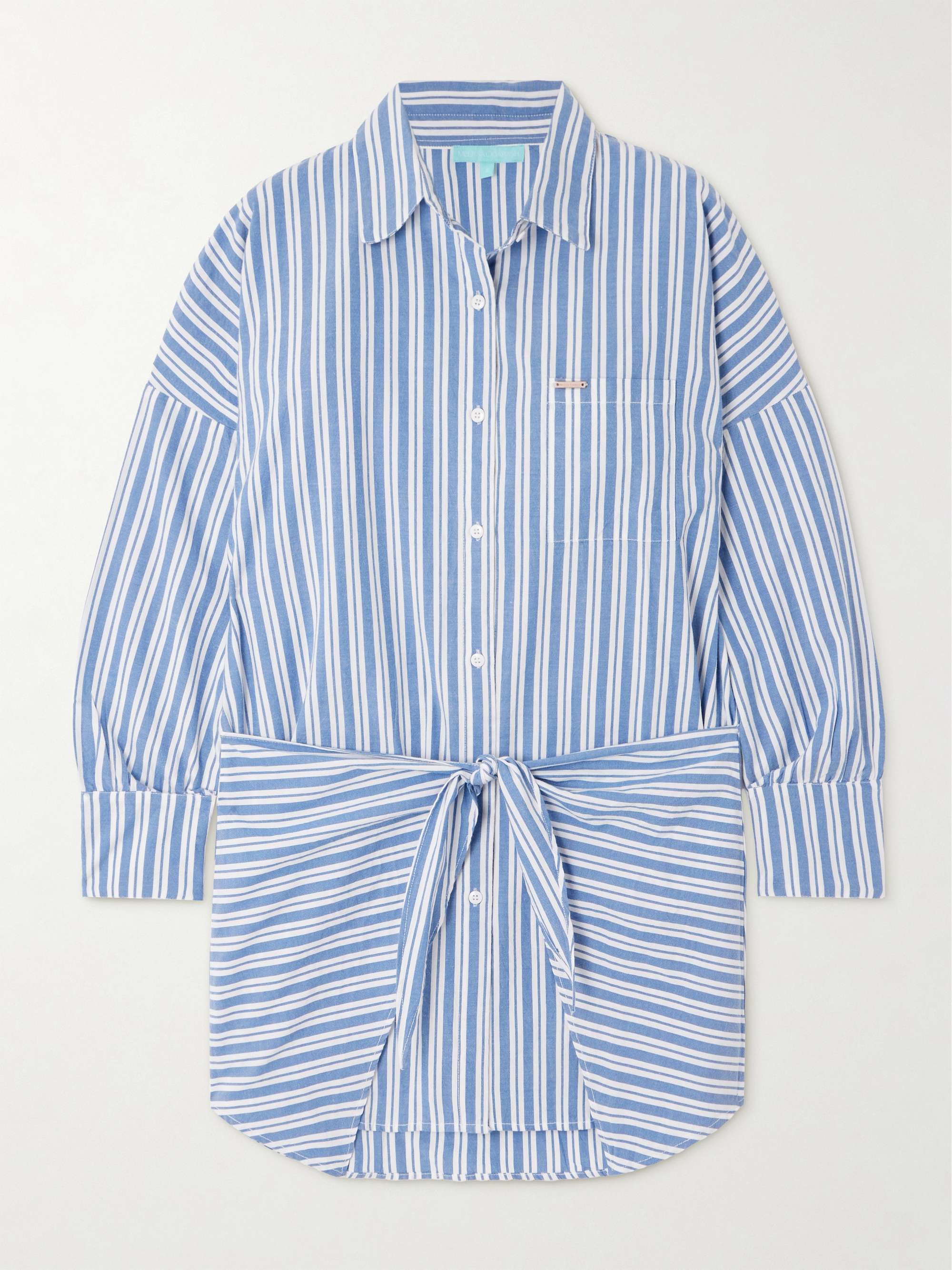 Sara tie-detailed striped cotton mini shirt dress hero visual