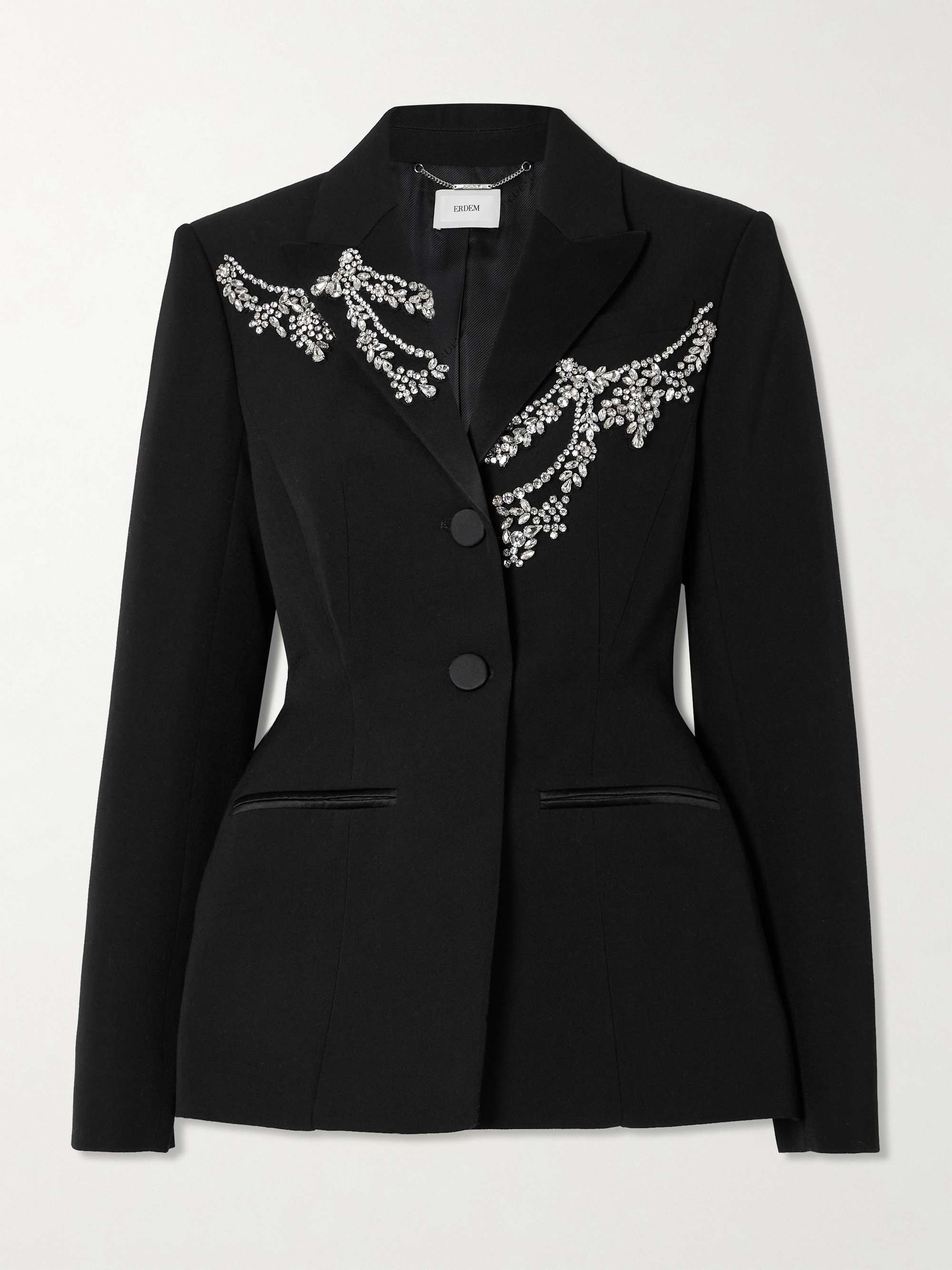 Crystal-embellished silk satin-trimmed grain de poudre wool blazer hero visual