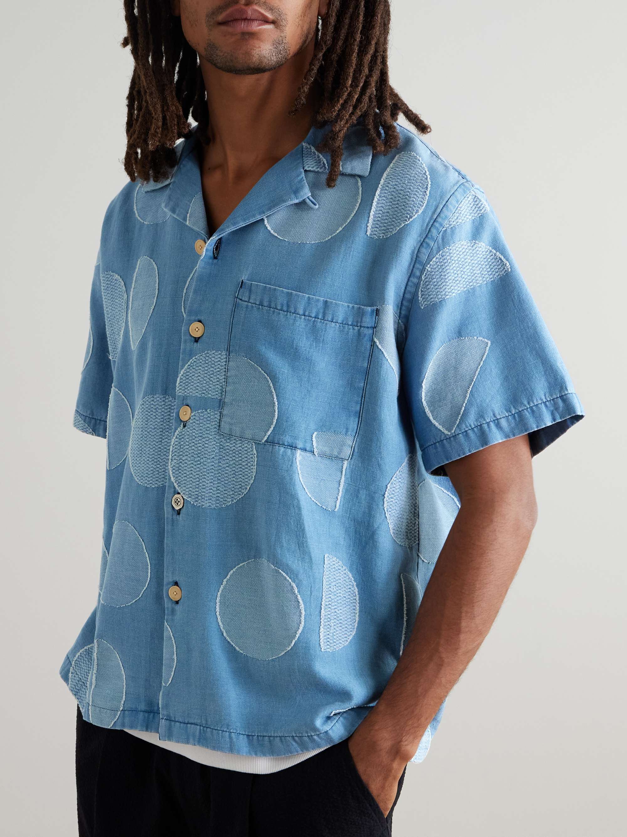 Anniversary Convertible-Collar Logo-Jacquard Cotton-Chambray Shirt view