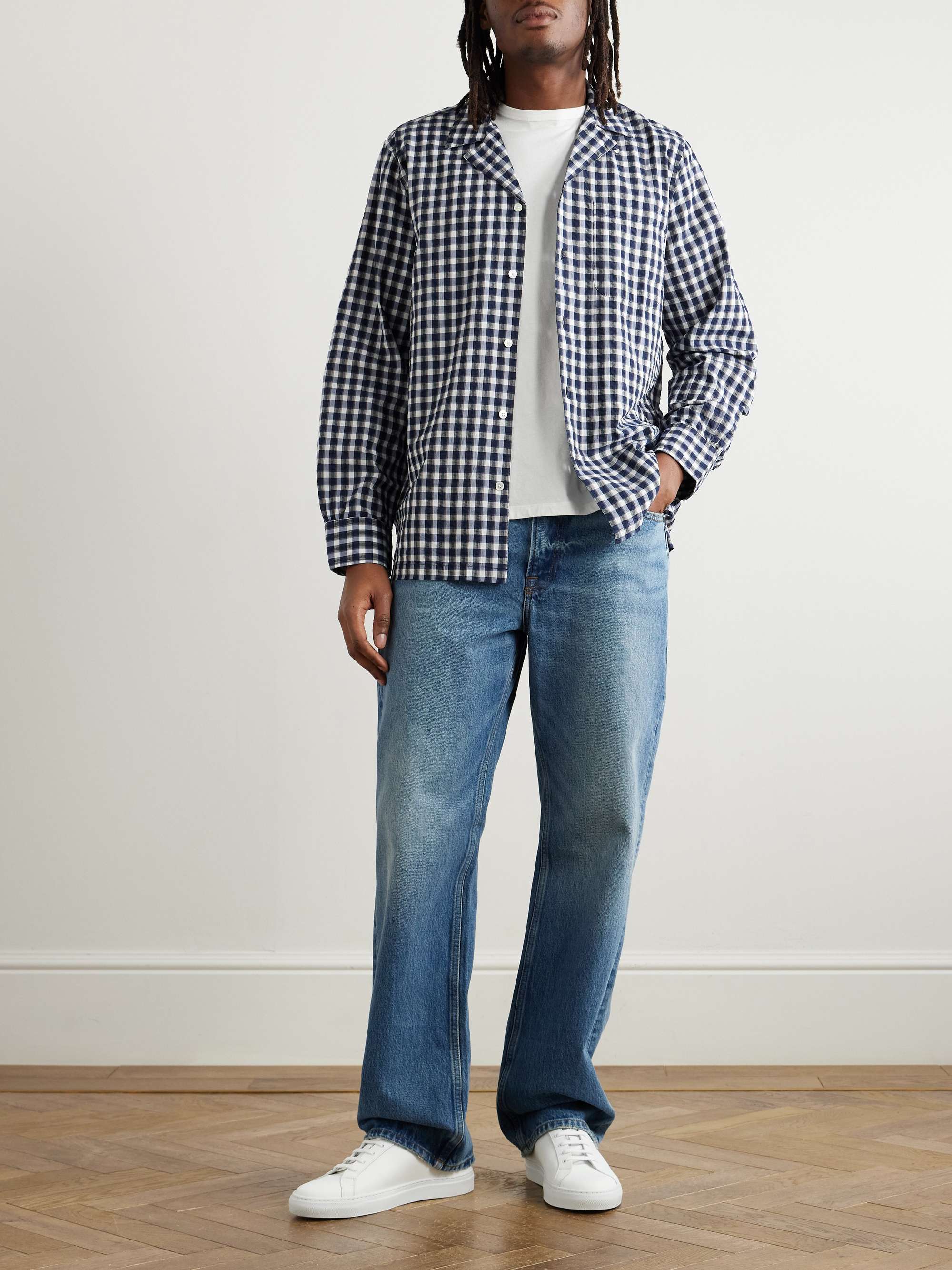 Luis Convertible-Collar Gingham Cotton-Seersucker Shirt view