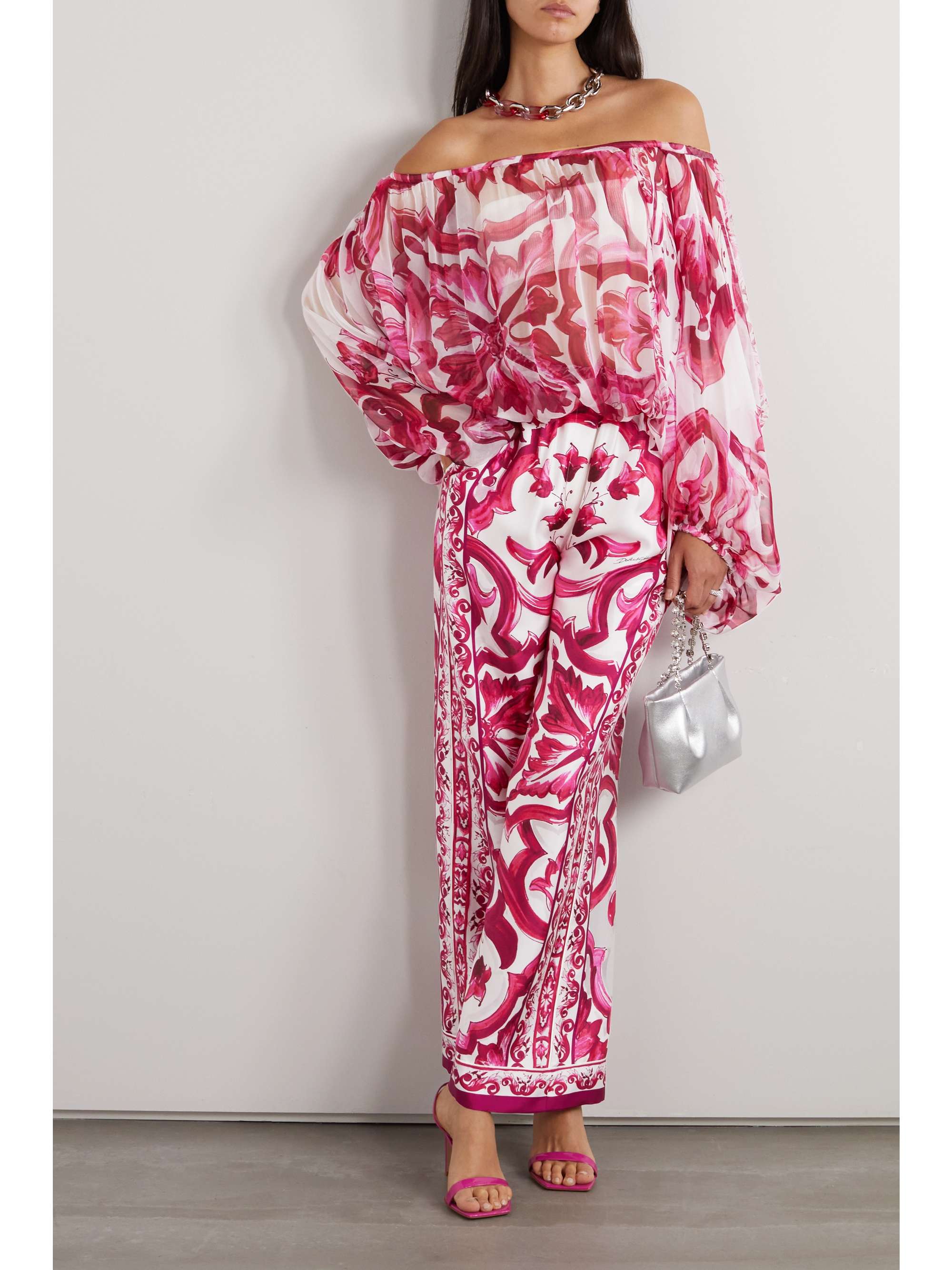 Maiolica off-the-shoulder printed silk-georgette top view
