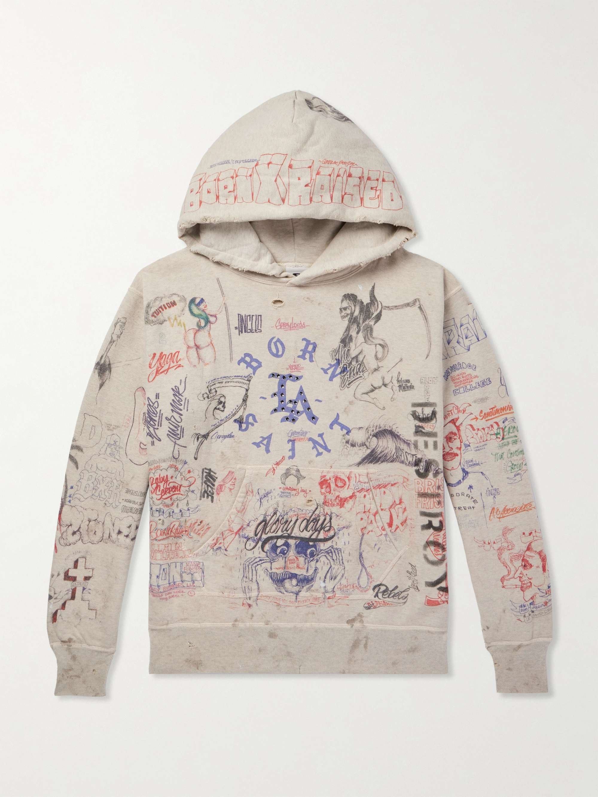 + Born X Raised Distressed Crystal-Embellished Printed Cotton-Jersey Hoodie hero visual