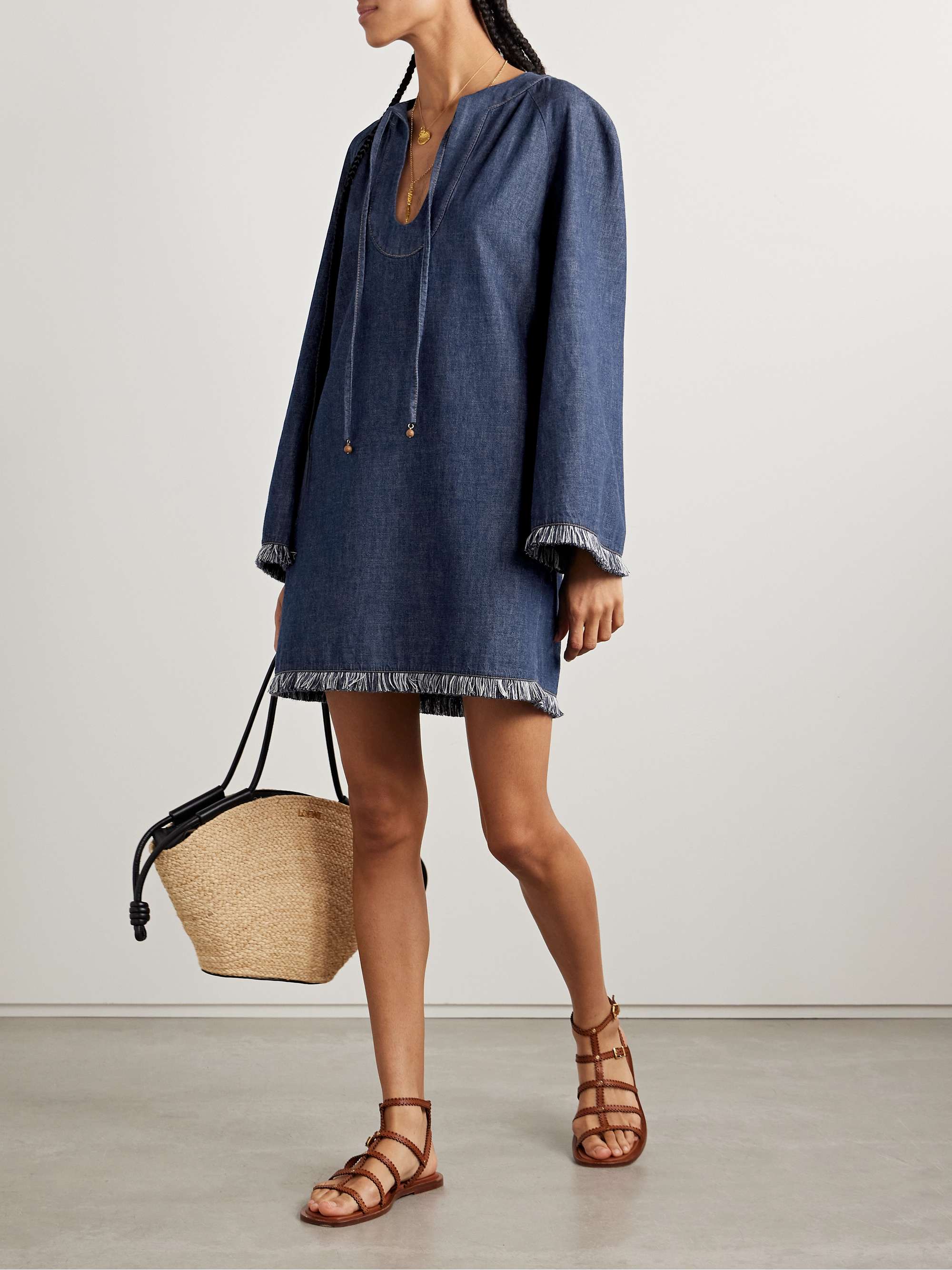 Rhiannon tie-detailed frayed denim mini dress view