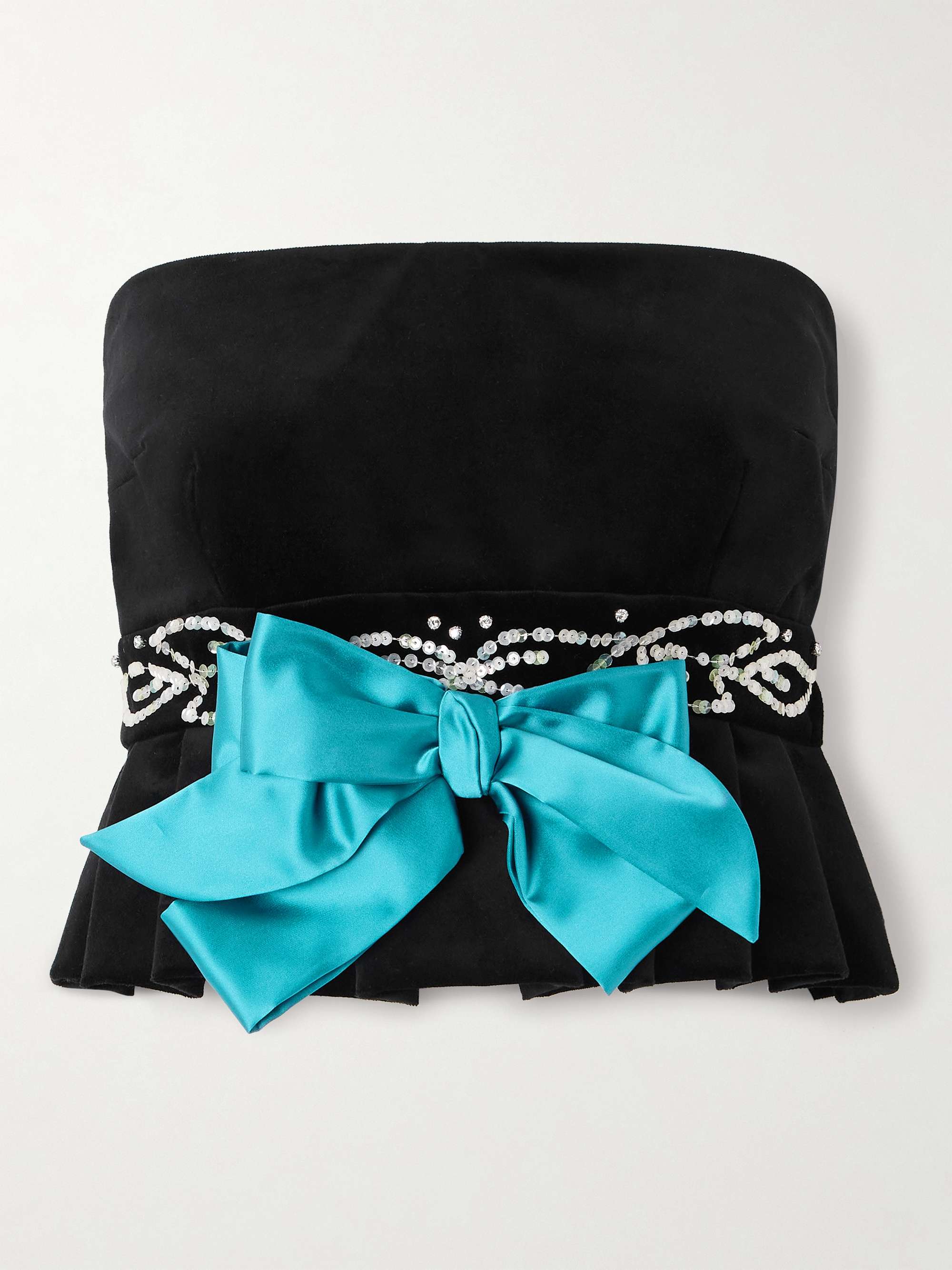Embellished satin-trimmed cropped cotton-blend velvet peplum top hero visual