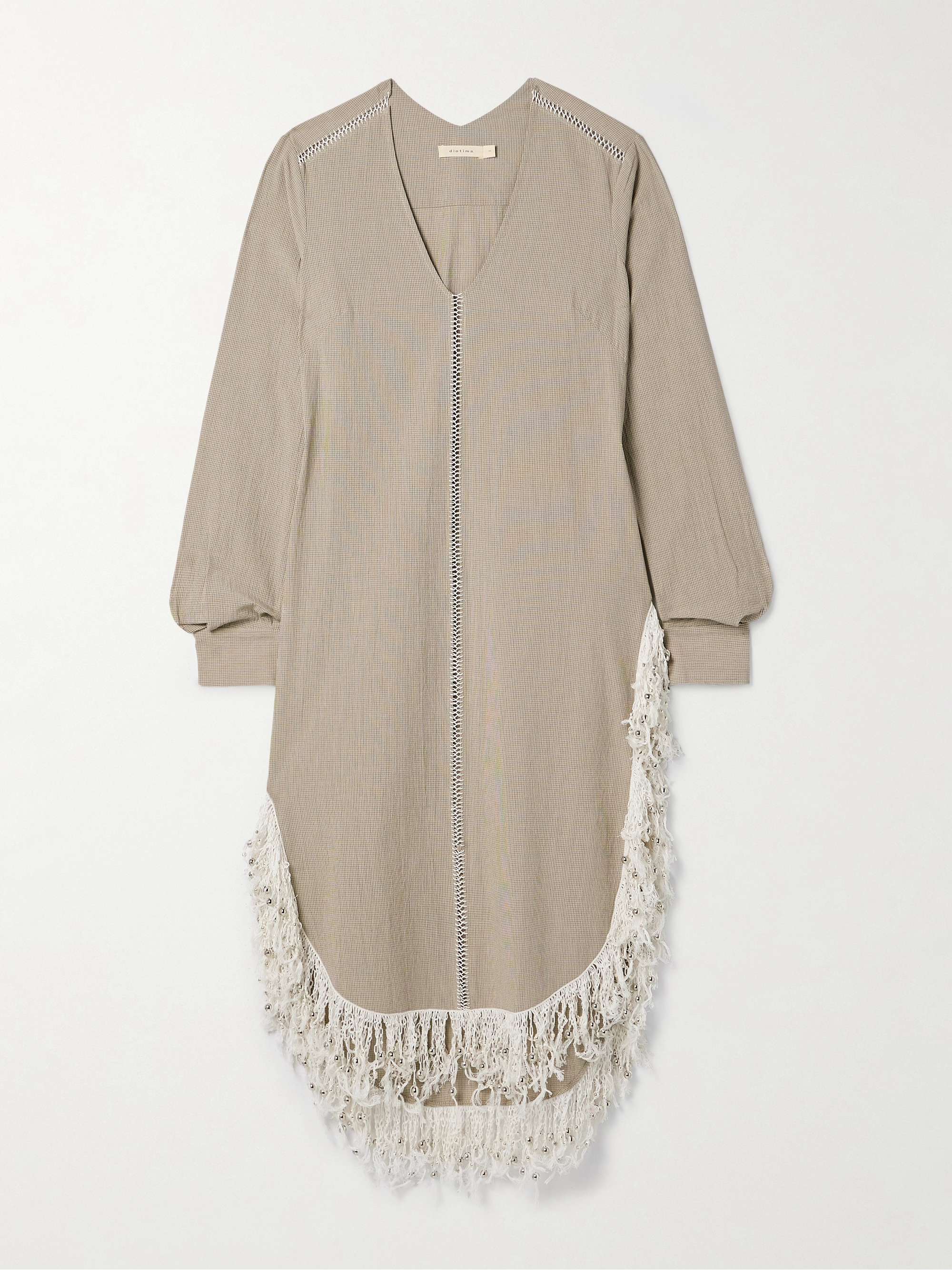 Una oversized fringed bead-embellished checked organic cotton midi dress hero visual