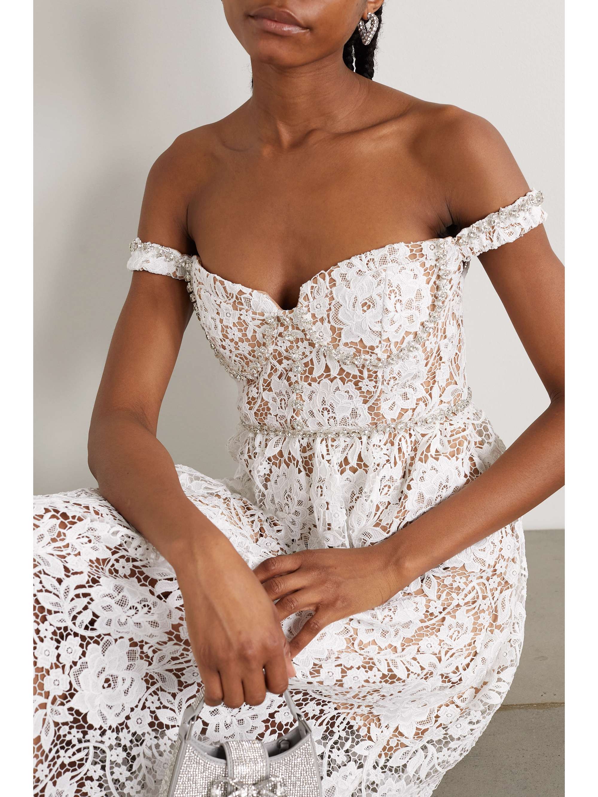 Off-the-shoulder crystal-embellished corded lace midi dress view