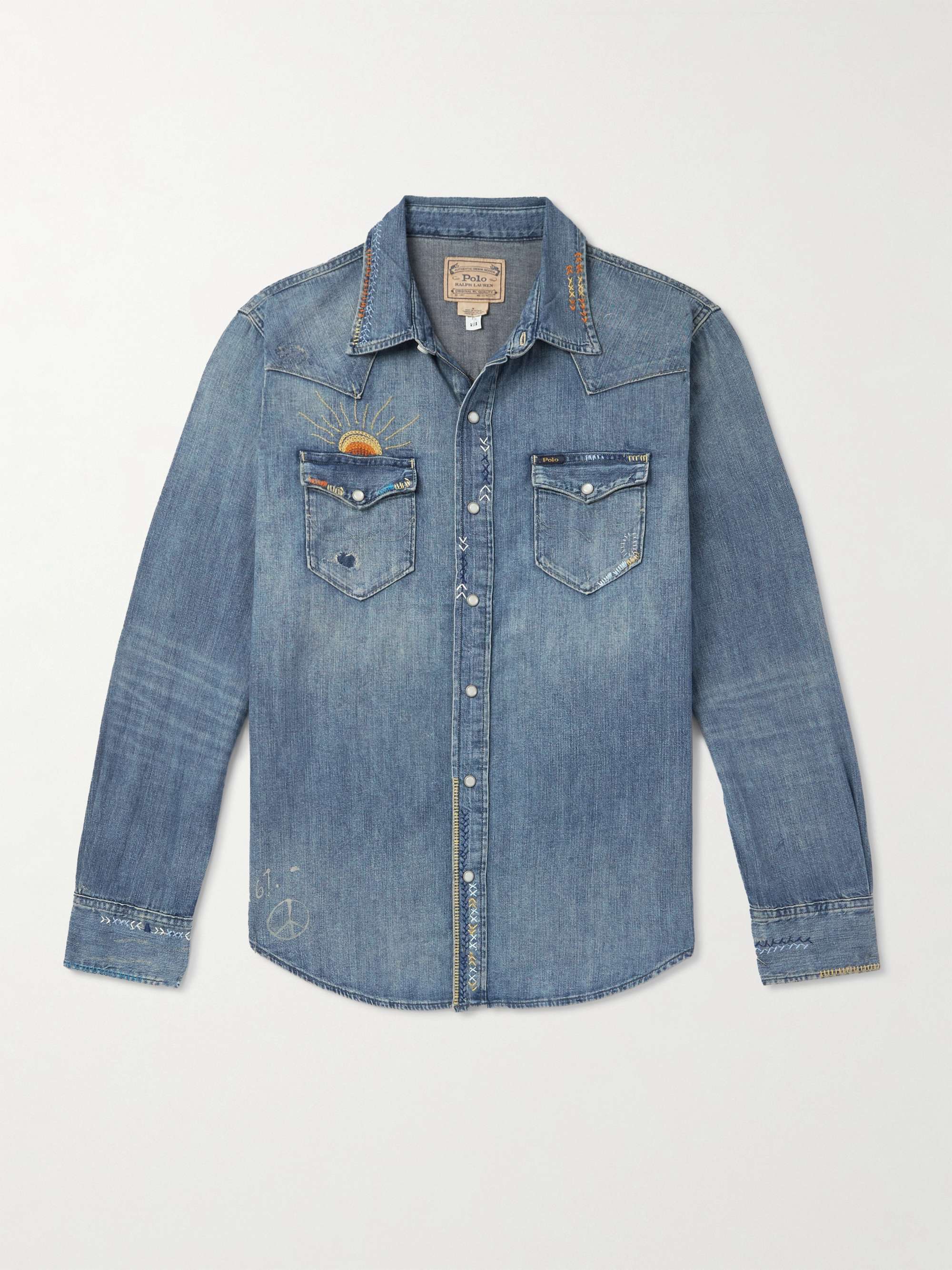 Slim-Fit Embroidered Indigo-Dyed Denim Western Shirt hero visual