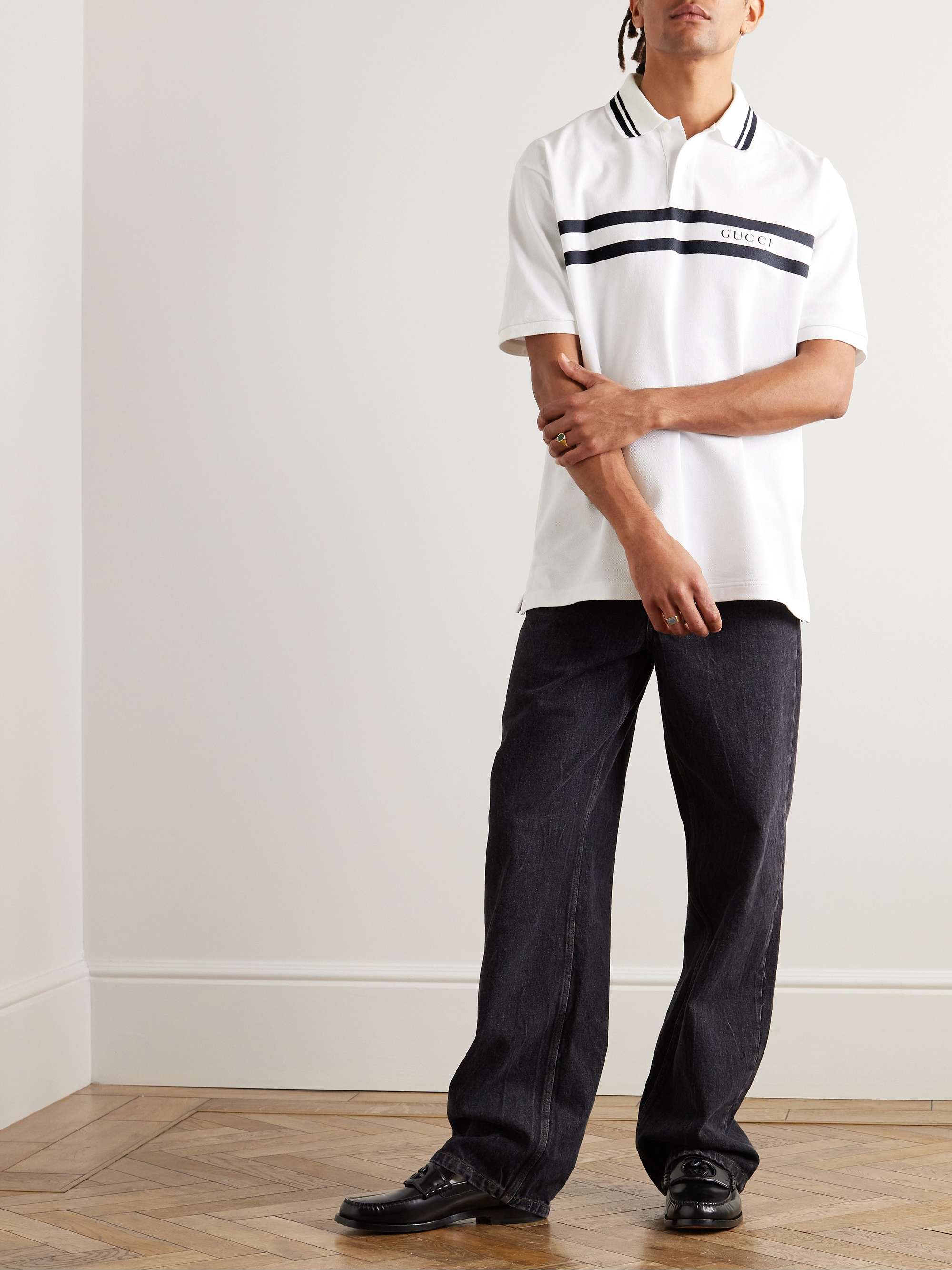 Logo-Print Striped Stretch-Cotton Piqué Polo Shirt view